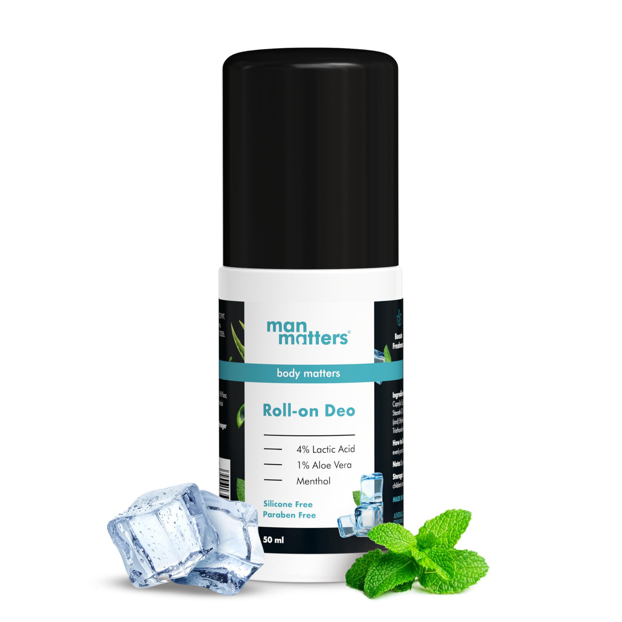 Man Matters Underarm Deodrant Roll-On 50 Ml | Long Lasting Cooling Freshness, Removes Bad Odour, Brightens Underarms | 4% Lactic Acid, 1% Aloe Vera & Menthol | Aluminium Free