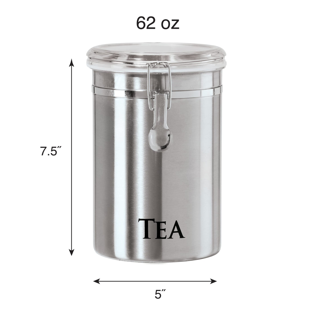 Oggi Stainless Steel Tea Canister 62 fl oz - Airtight Clamp Lid, Clear See-Thru Top - Ideal for Tea Bag Storage, Loose Tea Storage, Kitchen Storage, Pantry Storage. Large Size 5" x 7.5".