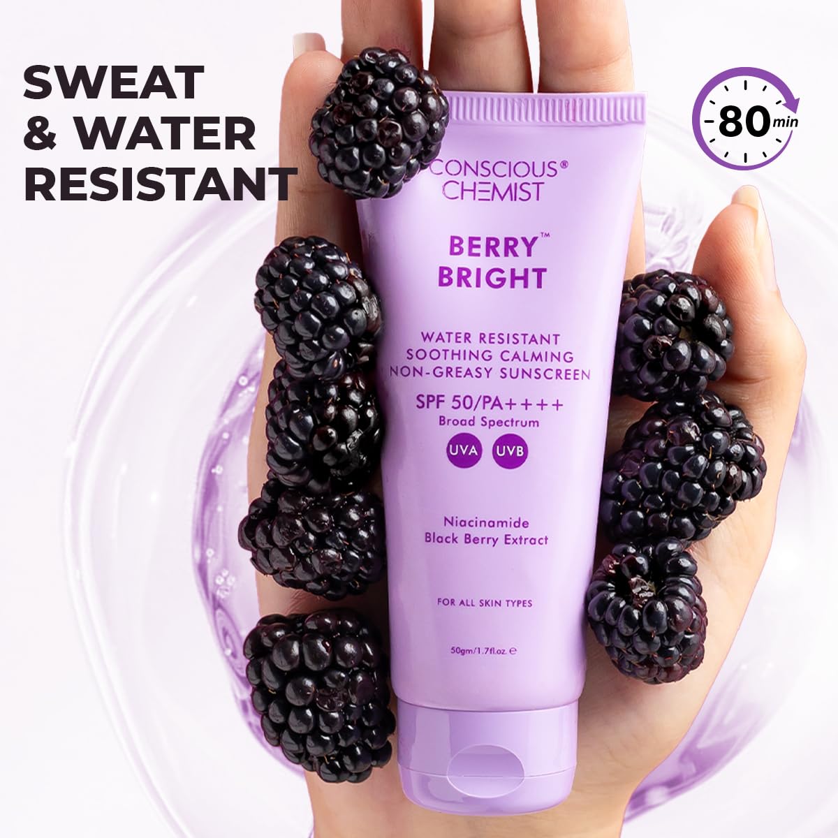 Conscious Chemist® Sunscreen SPF 50 PA++++ | 50g | Sunscreen for Oily Skin, Gel Sunscreen, Niacinamide with Black Berry Extract, Hybrid Lightweight, All Skin Types - Berry Bright