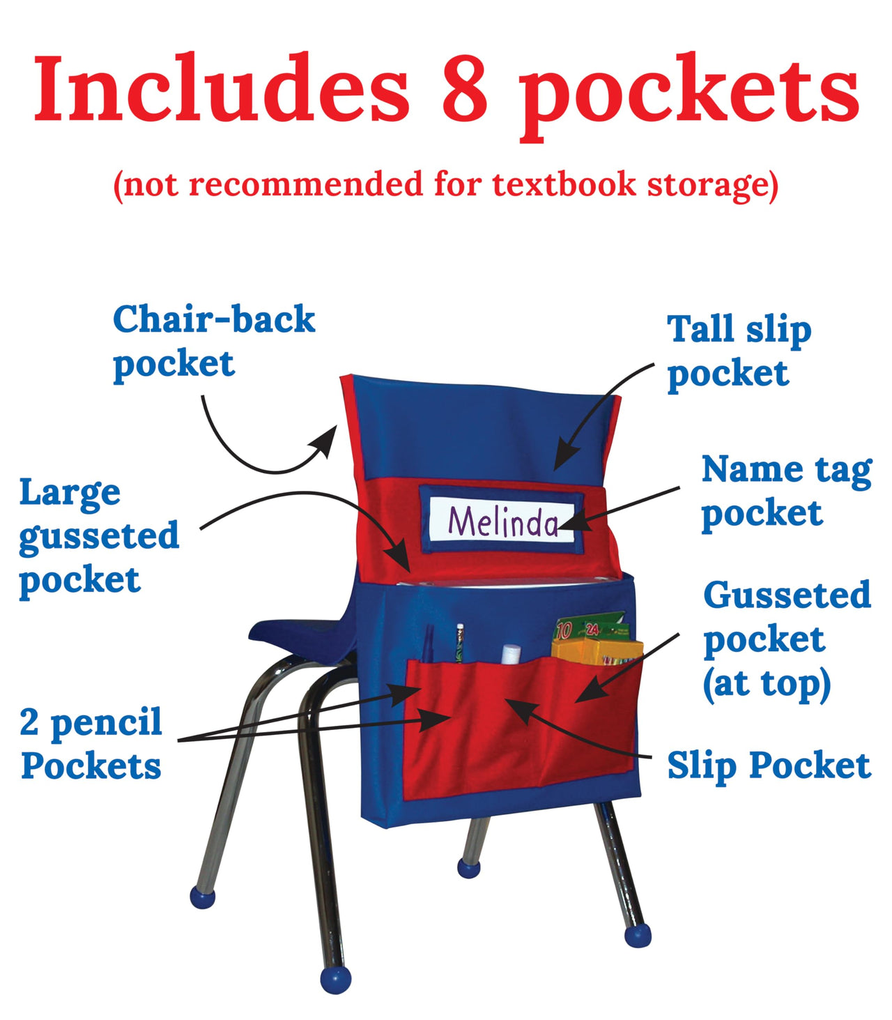 Carson Dellosa 15" W x 19" H Canvas Blue and Red Chairback Buddy Pocket Chart, Classroom Chair Organizer, Classroom Chair Storage with 6 Chair Pockets and One Student Name Tag, Seat Storage Organizer 1 pack Blue & Red