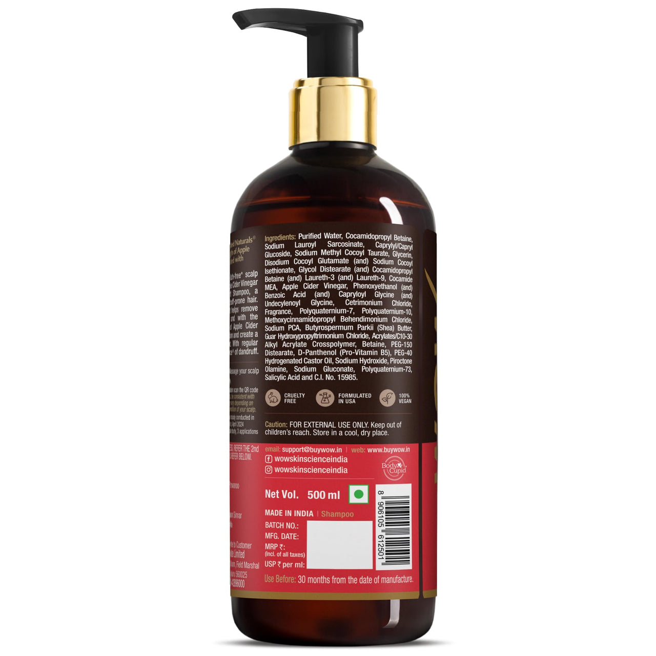 WOW Skin Science Apple Cider Vinegar Shampoo - 500ml | Mild Anti-Dandruff Shampoo For Daily Use | Suitable For Men & Women | Balances PH Level | Contains No Sulphates, Parabens or Harmful Chemicals