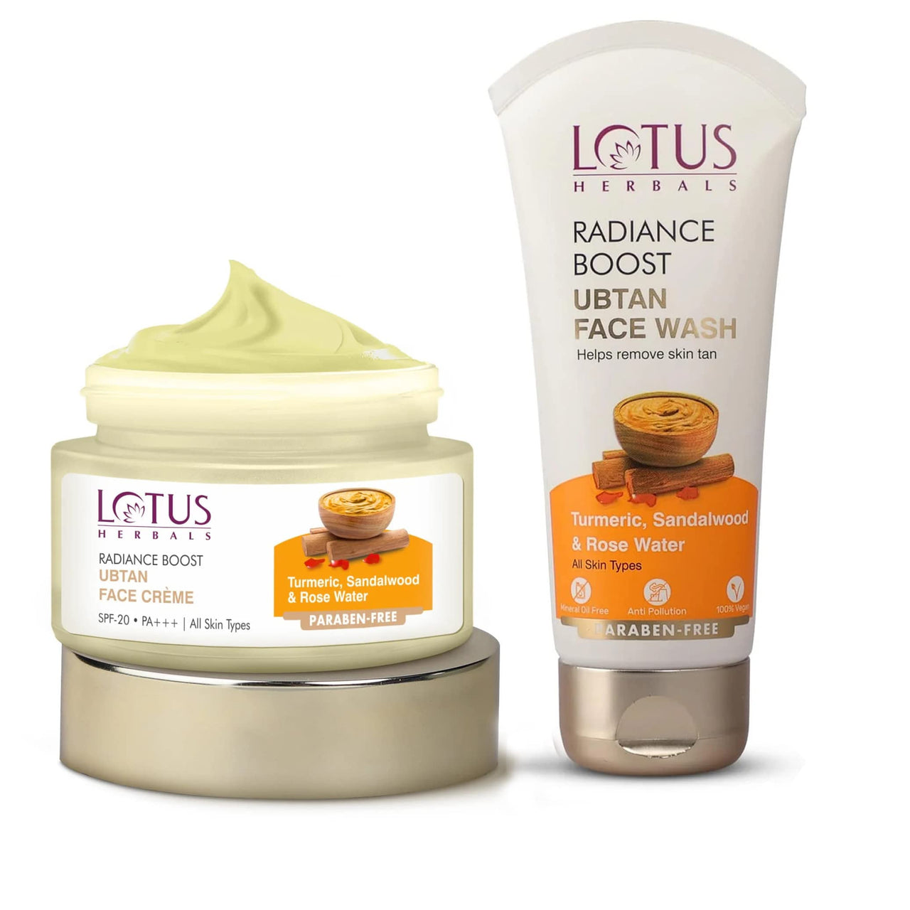 Lotus Herbals Radiance Boost Ubtan Face Cream SPF 20 50gm And Radiance Boost Ubtan Face Wash 100gm | (Pack of 2) Turmeric, Sandalwood and Rose Water| Glowing Skin|Reducing Dark Spots