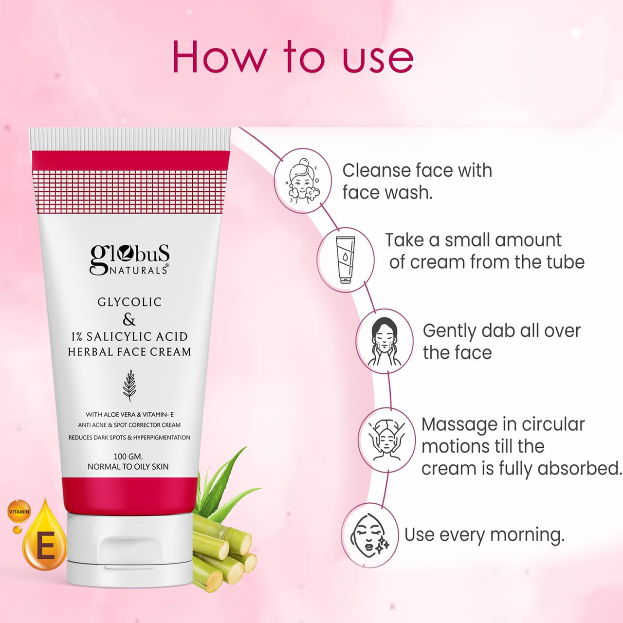 Globus Naturals Glycolic & 1% Salicylic Acid Herbal Anti Acne Face Cream, Enriched with Liquorice & Oats, Reduces Dark spots & Hyperpigmentation, 100 gm