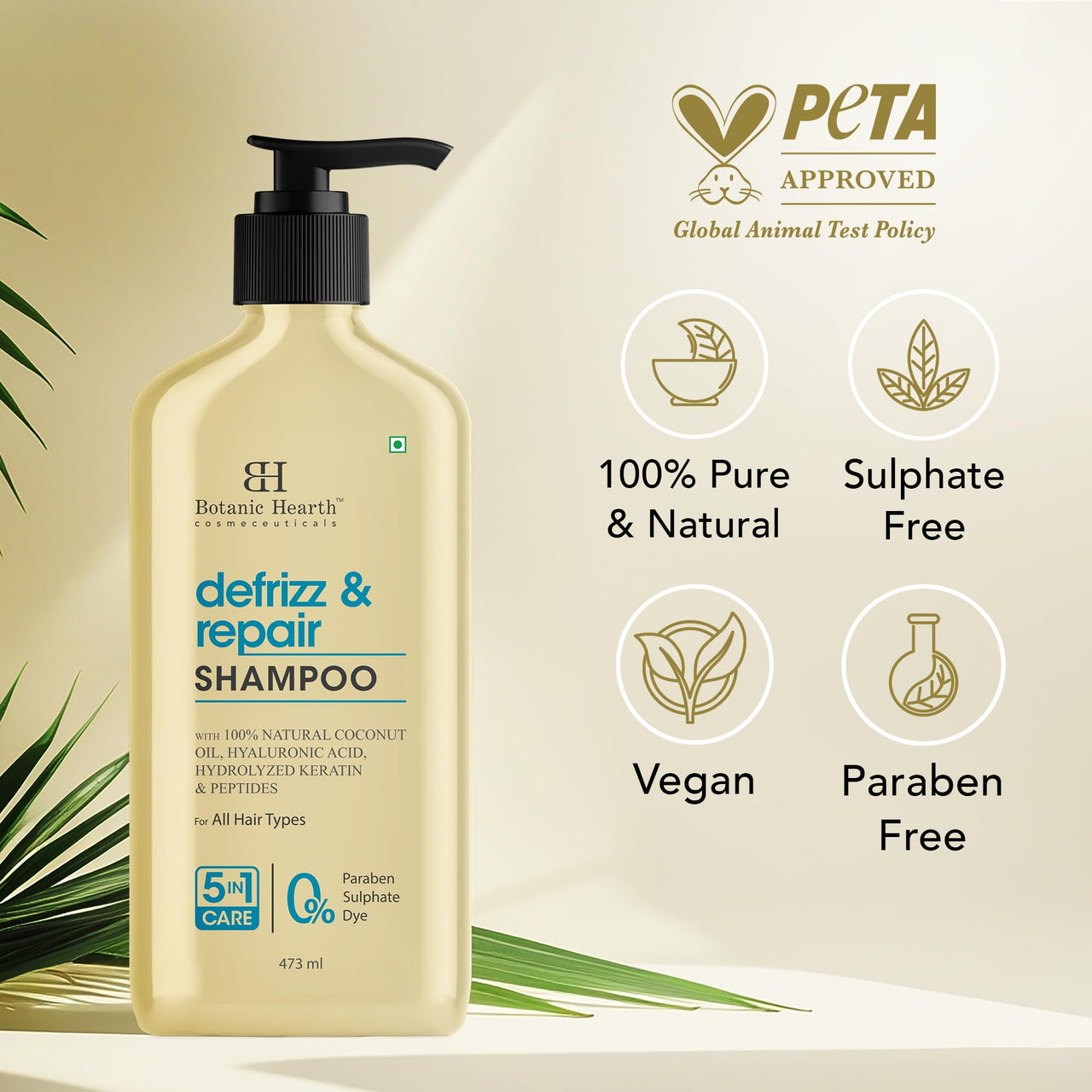 Botanic Hearth Defrizz & Repair Shampoo with Hydrolyzed Keratin & Peptides | Strengthens & Restores Hair |Repairs Damage & Adds Volume | Sulfate & Paraben Free, 473ml