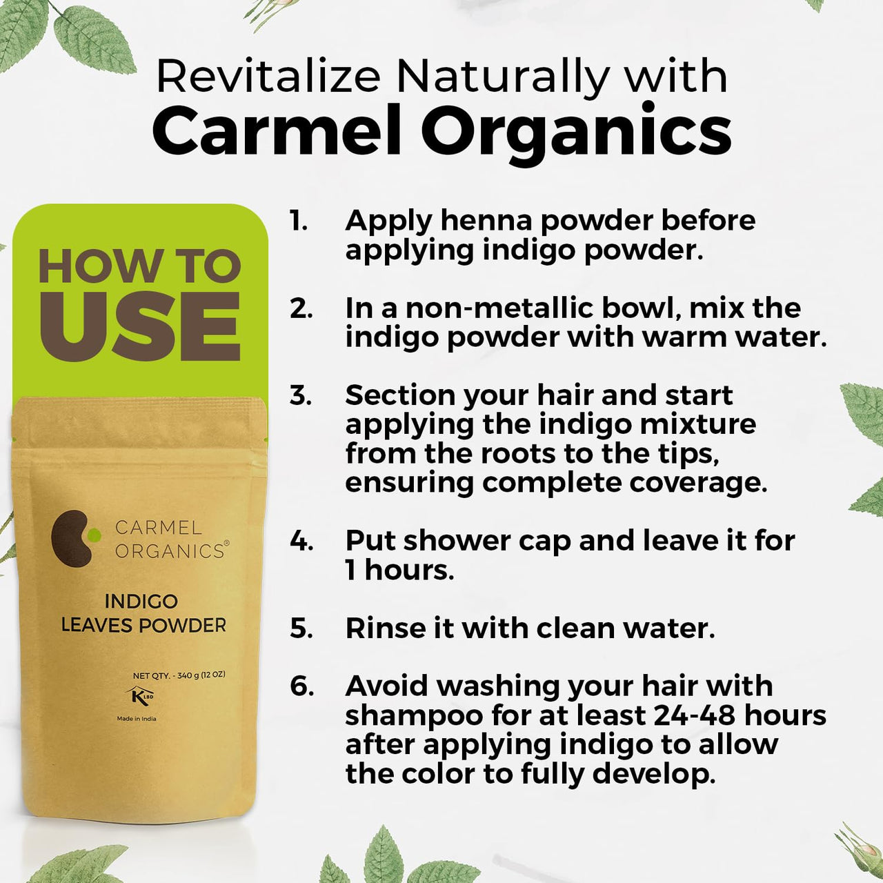 CARMEL ORGANICS Indigo Leaves Powder (800 Grams) – Natural Hair Colorant for Black/Brown Hair, Includes Gloves & Hair Cap, No Added Colors or Preservatives, Avuri Akulu, Indigofera