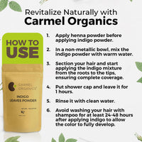 CARMEL ORGANICS Indigo Leaves Powder (800 Grams) – Natural Hair Colorant for Black/Brown Hair, Includes Gloves & Hair Cap, No Added Colors or Preservatives, Avuri Akulu, Indigofera