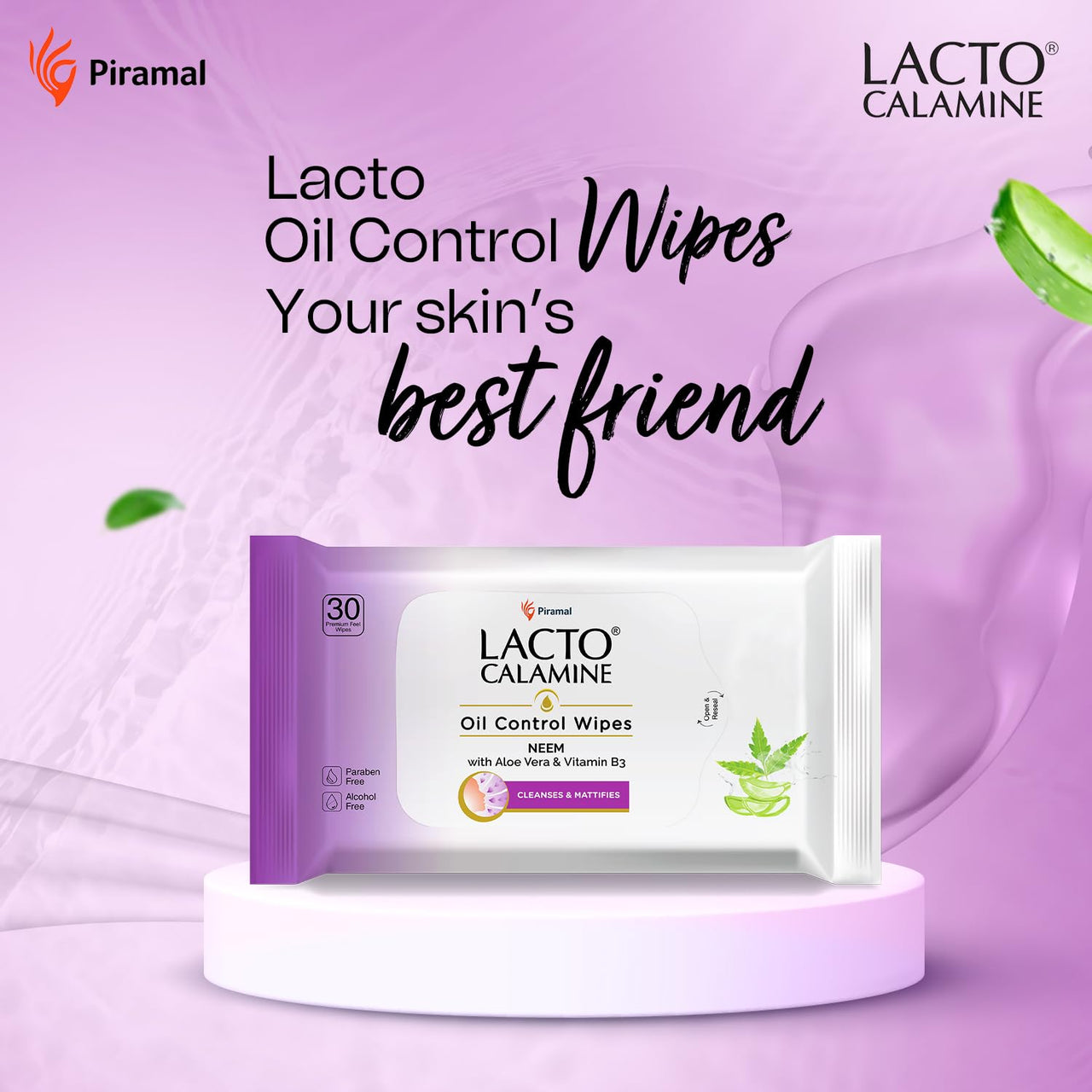 Lacto Calamine Oil Control Face Wipes | 30 N each- Pack of 2 | Wet Wipes for Face With Neem, Aloe Vera & Niacinamide | Makeup Remover Wipes | Hydrating, Refreshing, Soothing | Pararben & Alcohol Free
