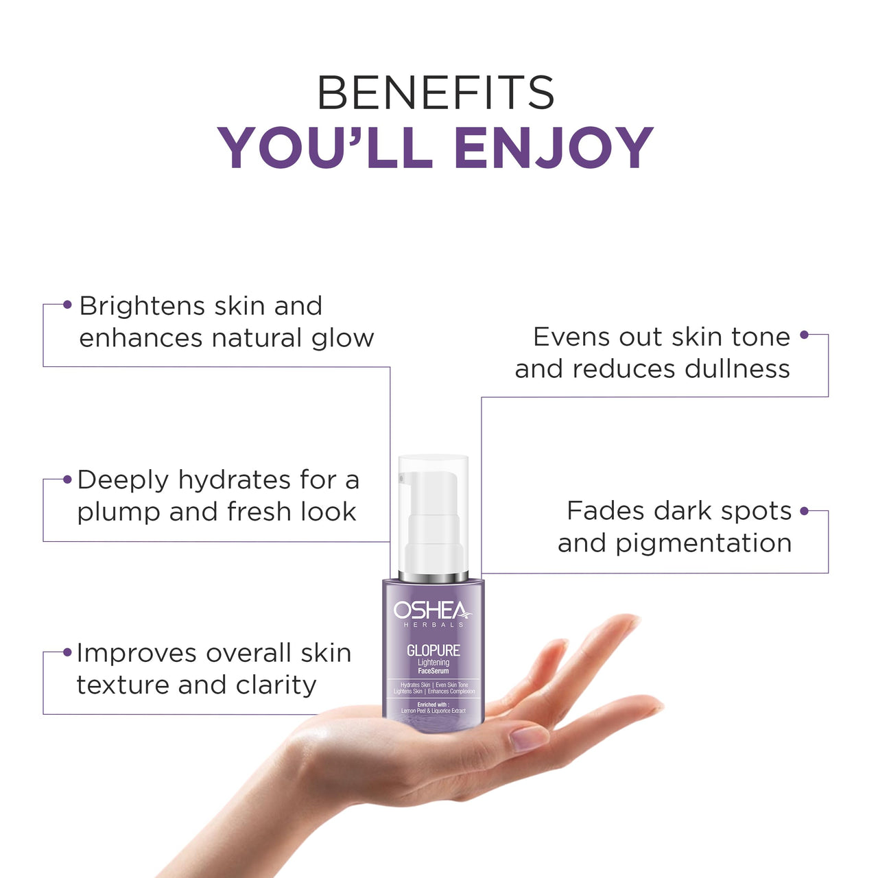Oshea Herbals Glopure Lightening Face Serum For Normal Skin Type | Hydrates, Lightens & Evens Skin Tone | Enriched with Lemon Peel & Liquorice Extracts - 30ml