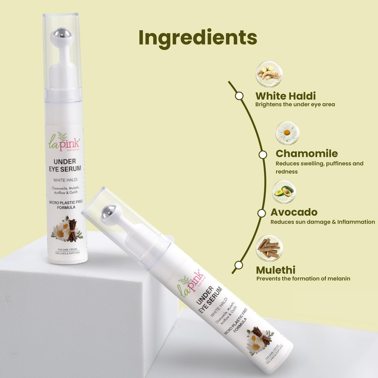La Pink Young Forever Under Eye Serum with White Haldi, Licorice & Vit B3 (Niacinamide) | Reduces Dark Circles, Fine Lines & Puffy Eyes | 100% Microplastic Free Formula | Women & Men (15ml)