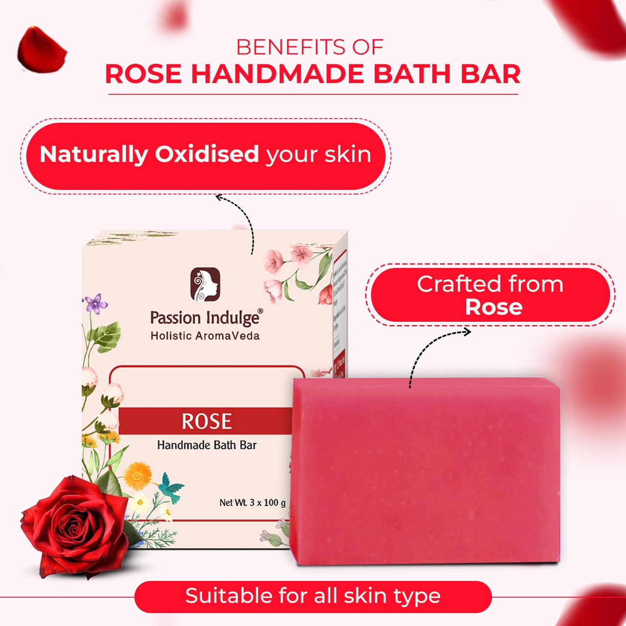 Passion Indulge Handmade Rose Bath Soap– 100% Natural & Vegan | Hydrating & Glowing | Enriched with Essential Oils | Paraben-Free & Sulfate-Free | 100g