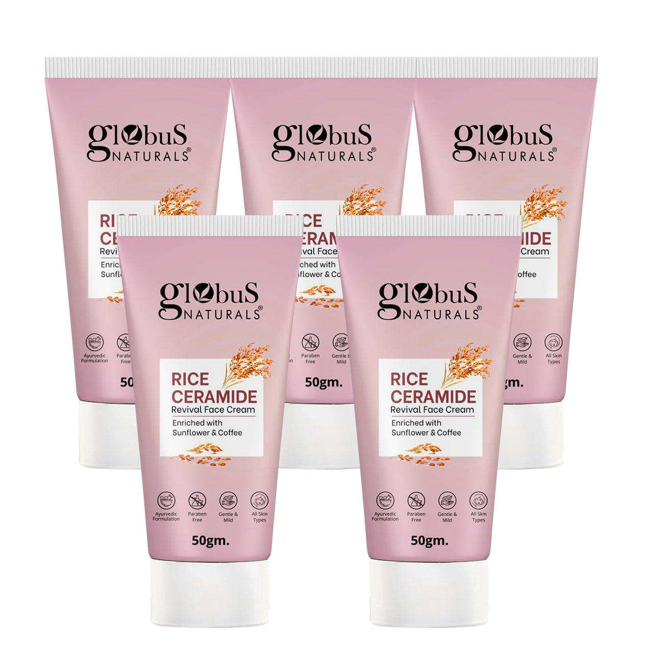 Globus Naturals Rice Ceramide Revival Face Cream, Enriched with Sunflower & Coffee, Ayurvedic Formula, Paraben Free, Gentle & Mild, Suitable For All Skin Types, 50 gm (Pack of 5)