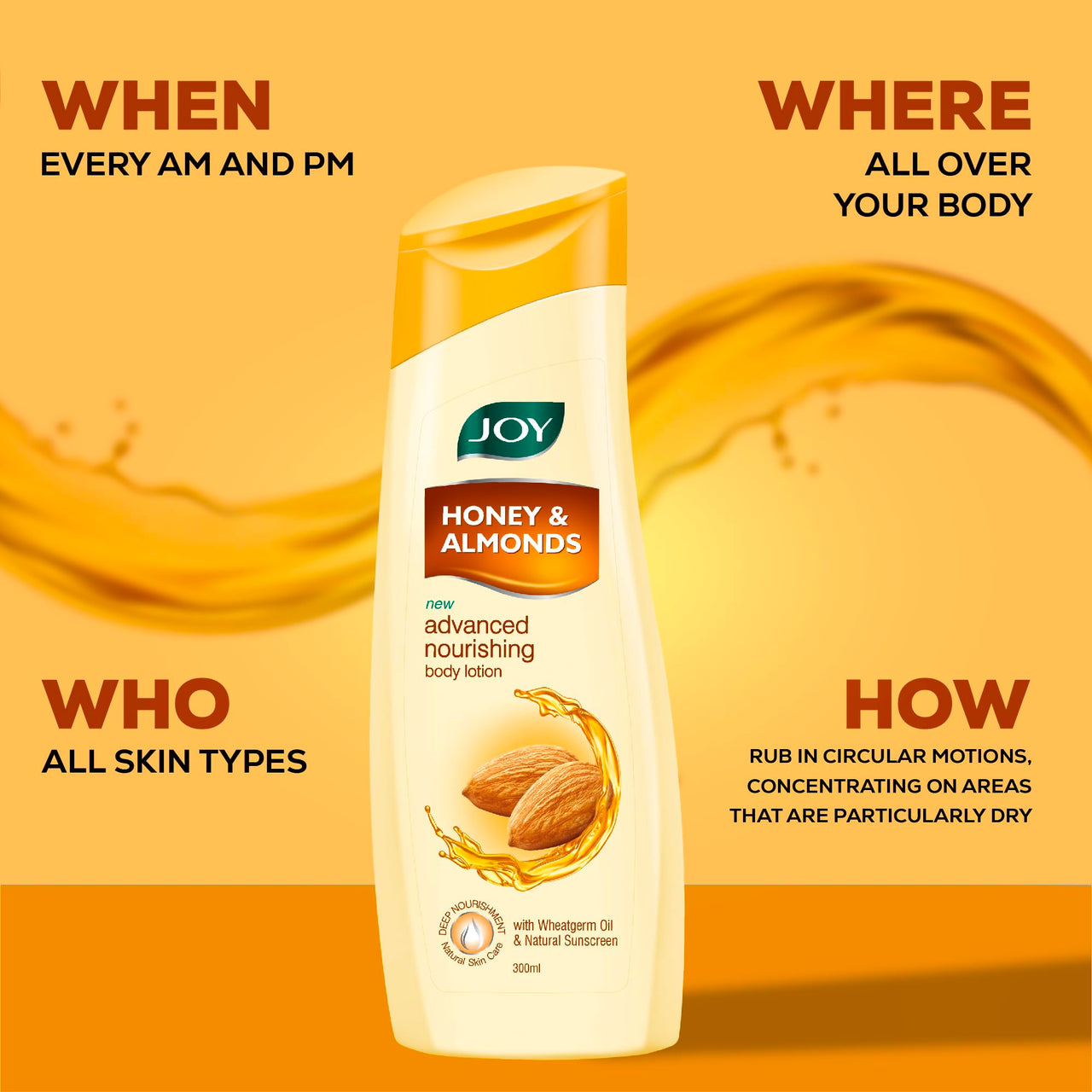 Joy Honey & Almonds Advanced Nourishing Lightweight Body Lotion 300ml With Shea Butter For Summers | Enriched with Natural Sunscreen Filters | Suitable for Normal to Dry Skin