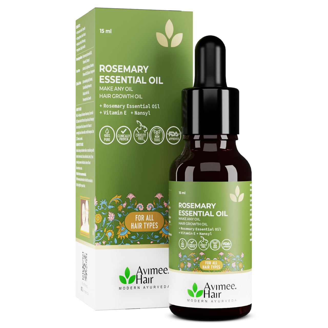 Avimee Herbal Rosemary Essential Hair Oil with Vit E & Nansyl | For Hair Growth & Hair Fall Control, Now Make Any Oil Hair Growth Oil | Clinically Approved Efficacy | 15ml