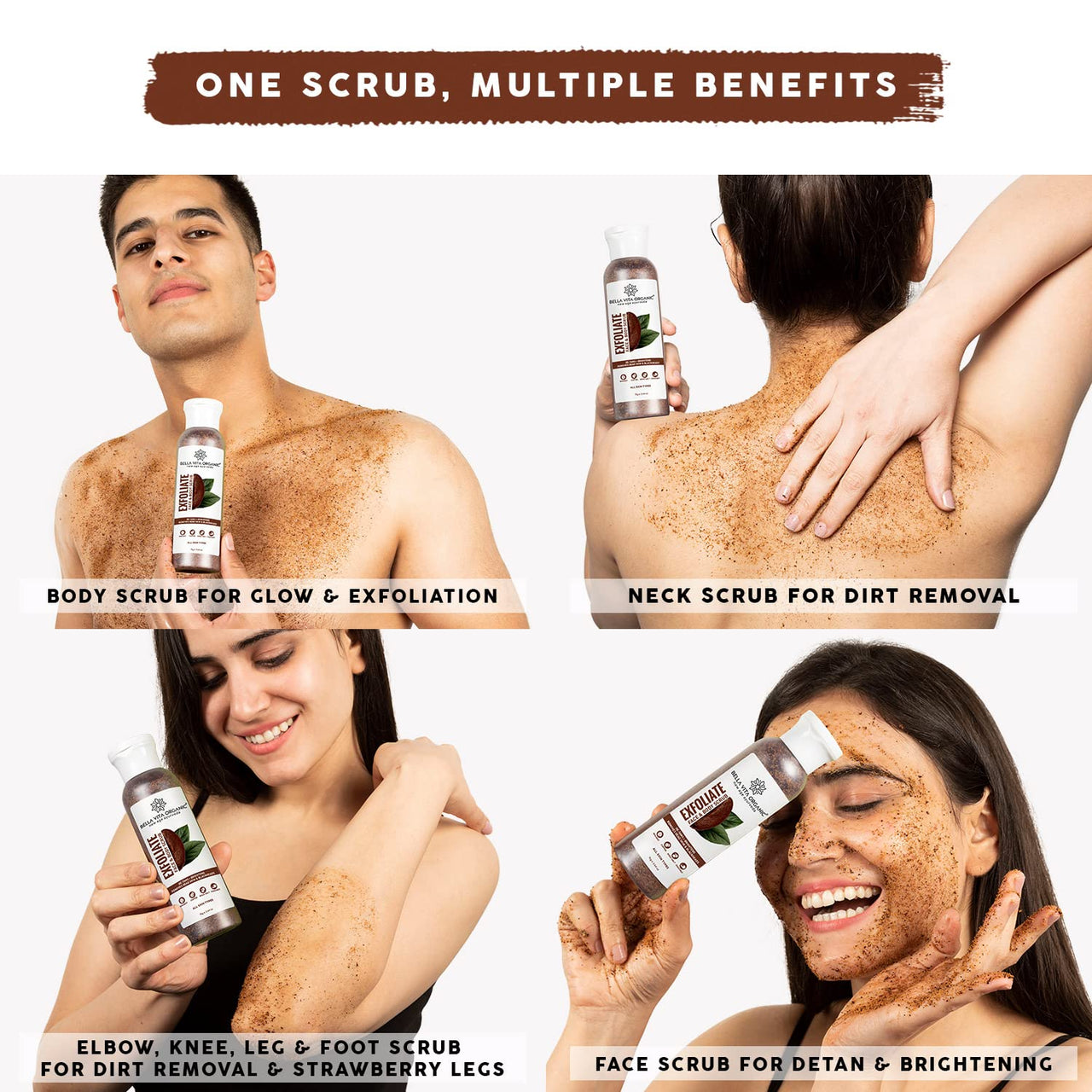 Bella Vita Organic Face & Body Scrub for Skin Brightening De-Tan Ayurveda, Exfoliate Knees, Elbows, Scalp, Arms Etc, 75 g & Face Wash, 225 grams