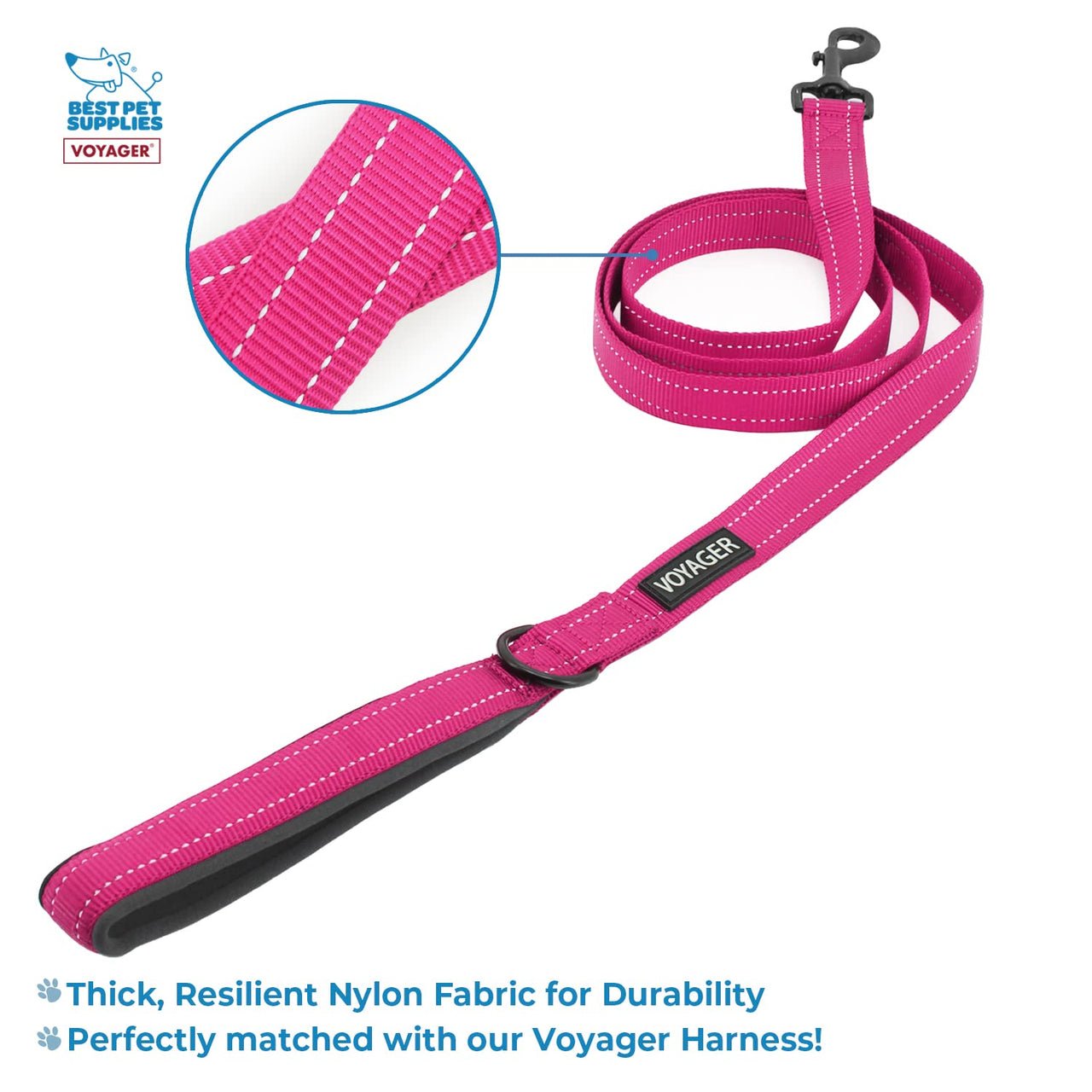 Voyager Reflective Dog Leash Collar Set with Neoprene Handle Supports Small, Medium, and Large Breed Puppies, Cute and Heavy Duty for Walking, Running, and Training - Fuchsia, M