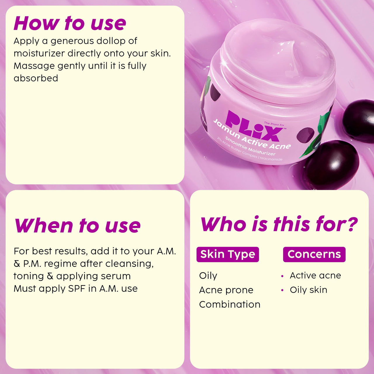 The Plant Fix Plix Jamun Active Acne Range With Cleanser, 2% Salicylic Acid Serum, Smoothie Moisturizer, & Toner l Reduces Active Acne l Detoxifies The Skin l Soothes Redness l All Skin Types