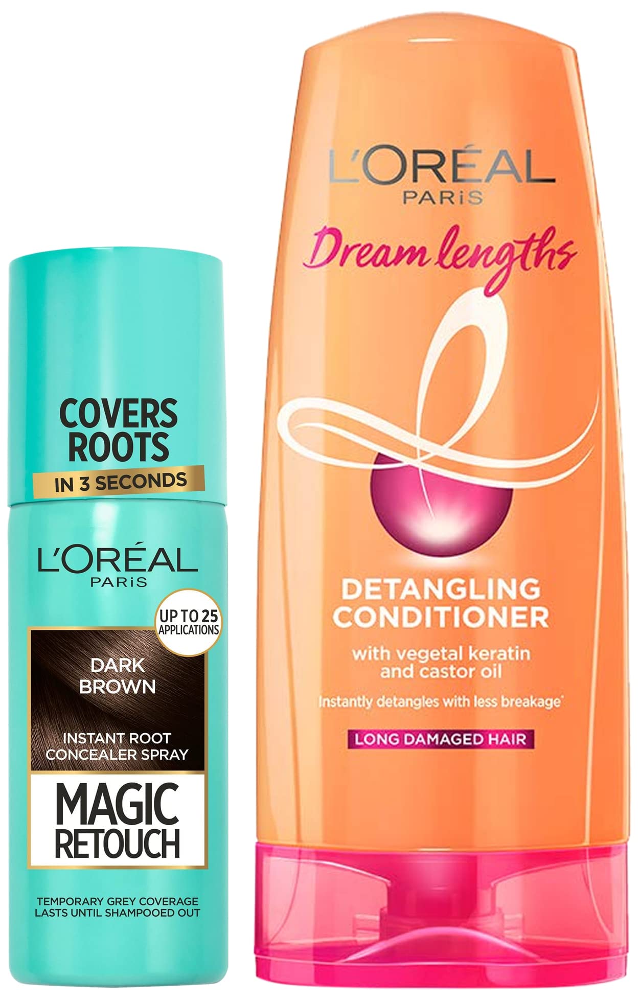 L'Oreal Paris Instant Root Concealer Spray, Magic Retouch, Root Touch up (Pack of 1)- 2 Dark Brown & L'Oreal Paris Dream Lengths Conditioner, 192.5 ml