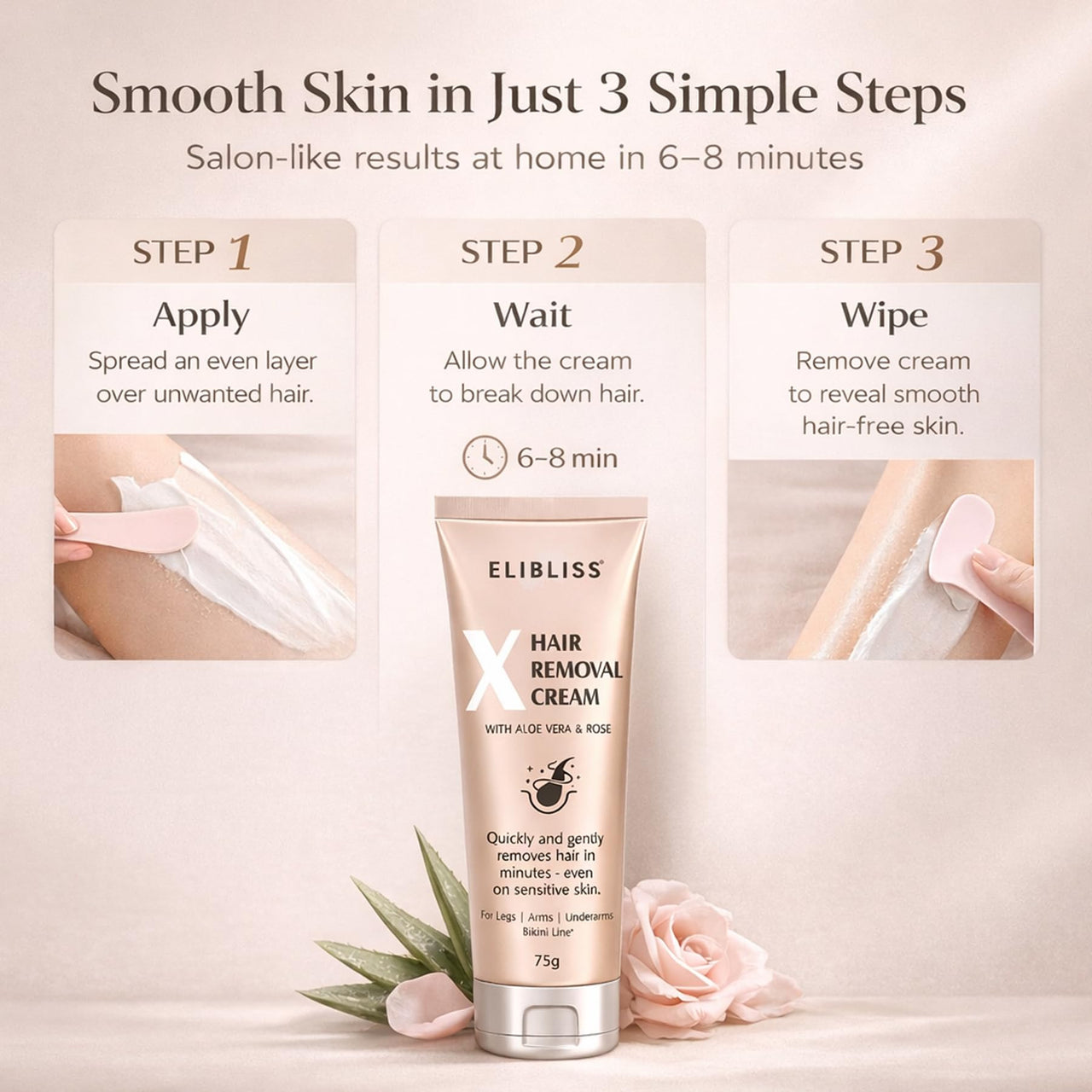 Elibliss X Hair Removal Cream 75g | Aloe Vera for Sensitive Skin | Painless Hair Remover for Under arms, Legs & Bikini Line | Smooth & Hydrated Finish