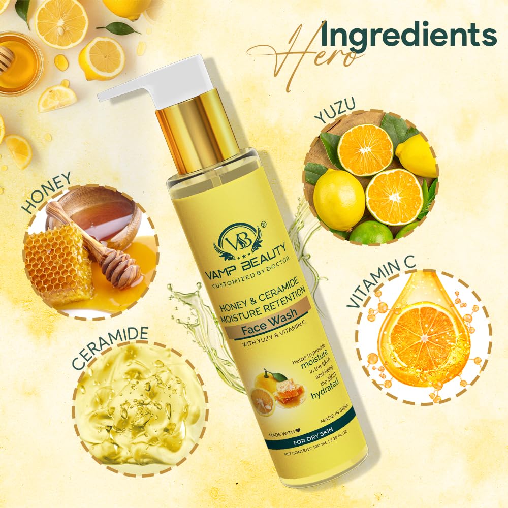 Vamp Beauty Moisturising Face Wash | With Honey, Ceramide, Yuzu & Vitamin C | Gentle Hydrating Cleanser for Dry, Rough and Sensitive skin | Brightens & Softens Skin | 100ml