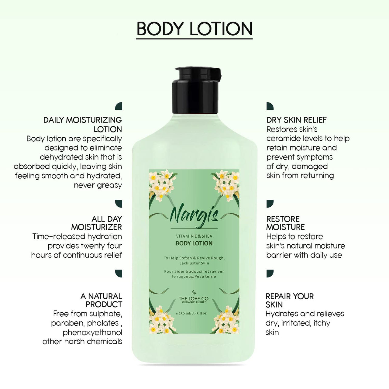 THE LOVE CO. Nargis Body Lotion - Nourishing Formula for Dry Skin - Women & Men - Enhanced with Jojoba Oil, Shea Butter, Vitamin E - 250Ml - Best for Daily Moisturizing