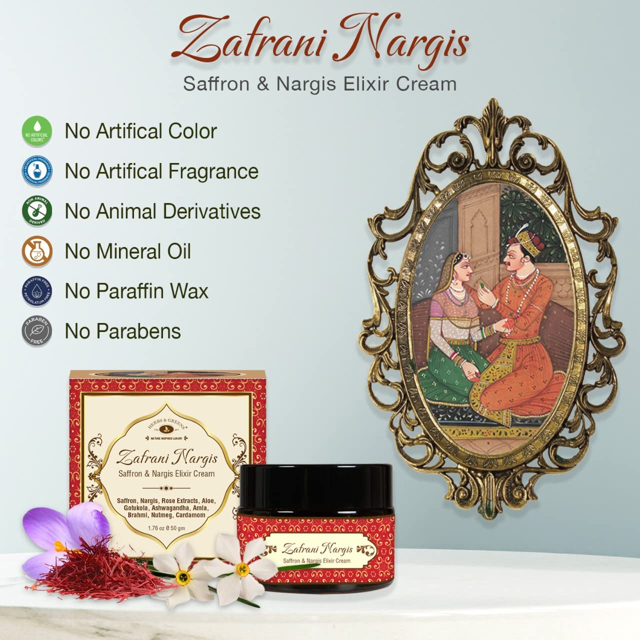 Herbs & Greens Zafrani Nargis Natural Vitamin C Saffron & Nargis Anti Aging Elixir Cream, | Glowing & Radiant Skin | Ayurvedic Day & Night Face Cream Moisturizer For Woman & Men | All Skin | 50gm
