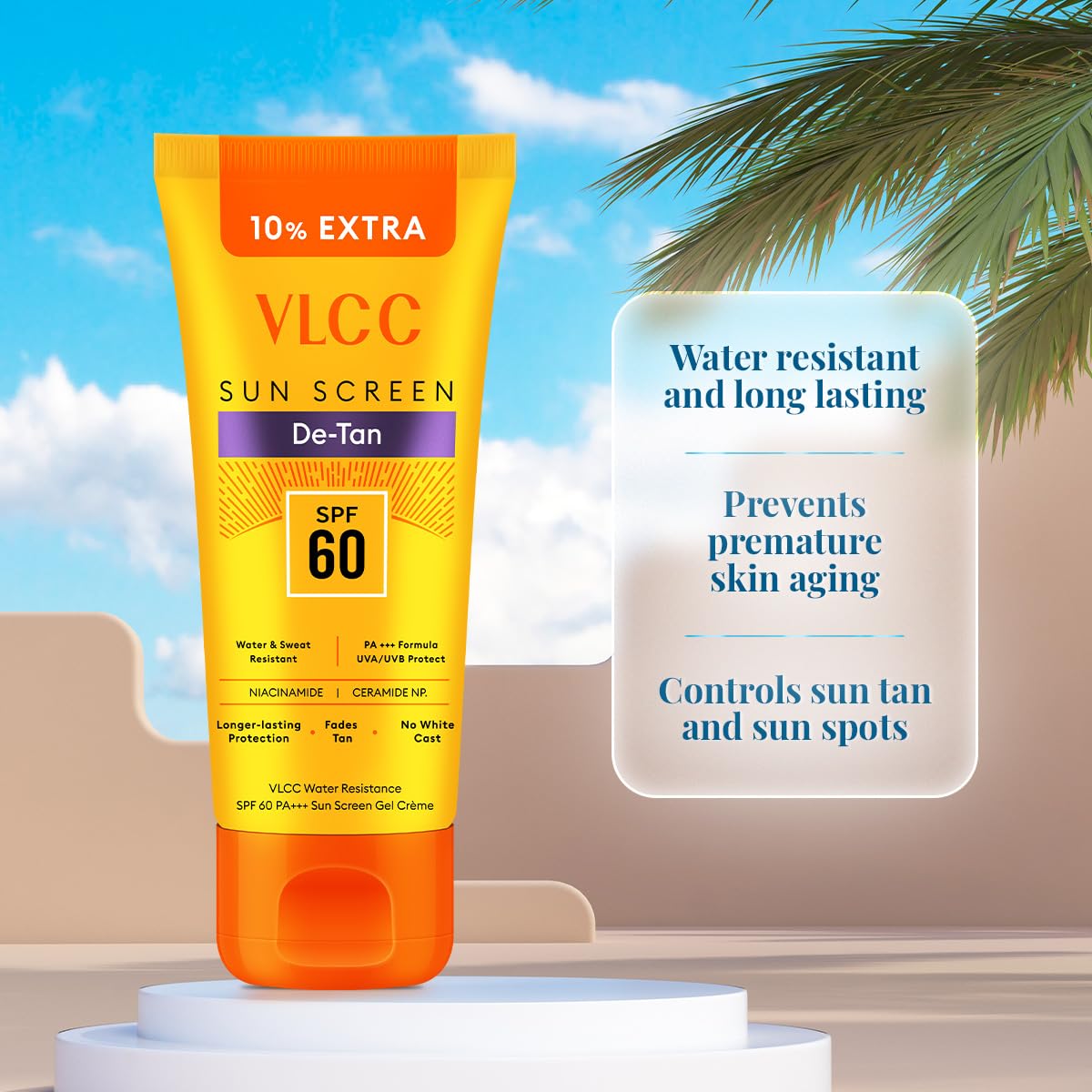 VLCC De-Tan Water Resistant SPF 60 PA+++ Sunscreen Gel Crème - 100g+10g Extra (Pack of 2) | With Niacinamide, Ceramides & Vitamin E | Protects from UVA, UVB Rays, Sun Damage, Skin Darkening & Premature Aging