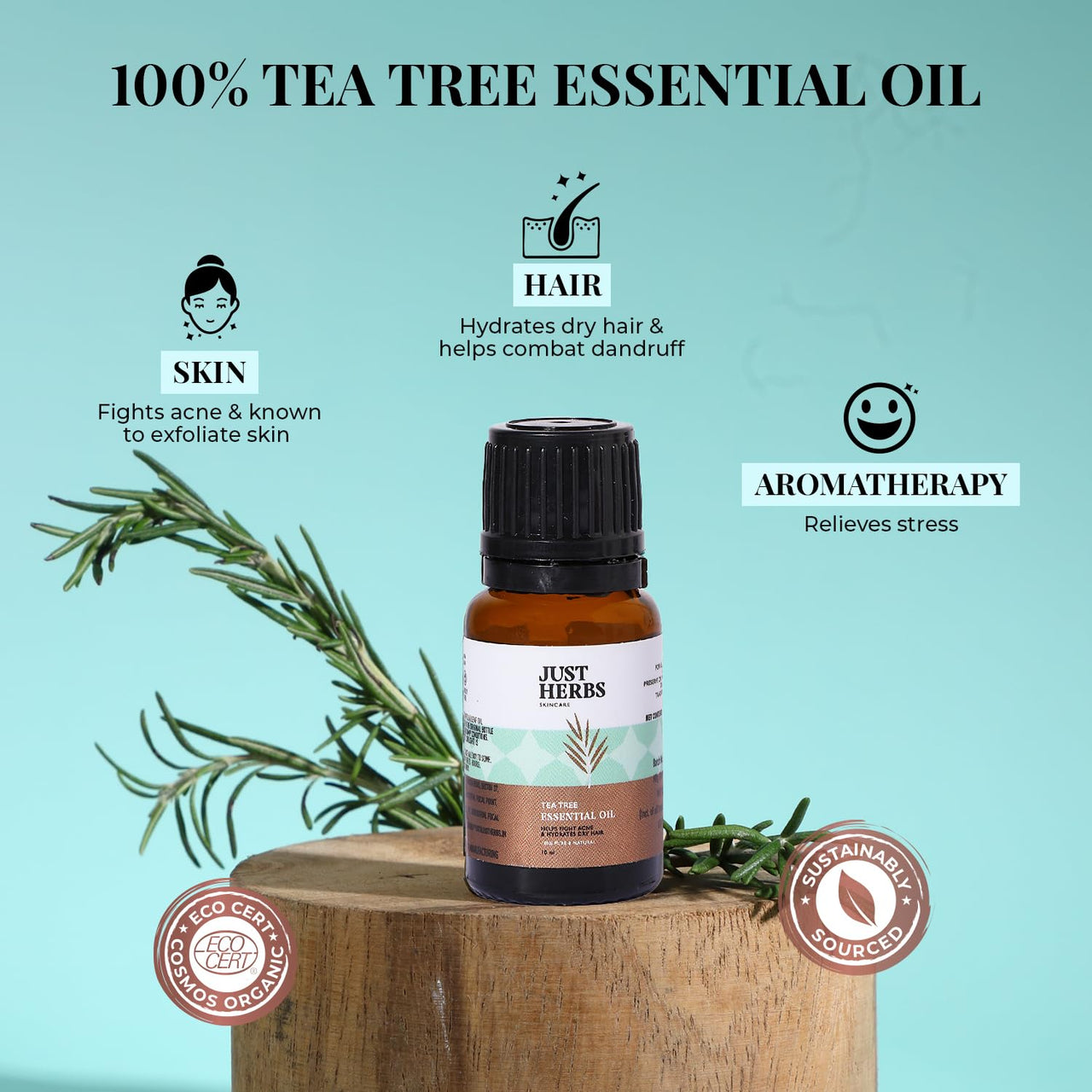 Just Herbs Tea Tree Steam 100% Pure Distilled Essential Oil for Hair | Skin | Fights Acne | Exfoliates Skin | Aromatherapy Relives Stress for Men and Women (10 ml)