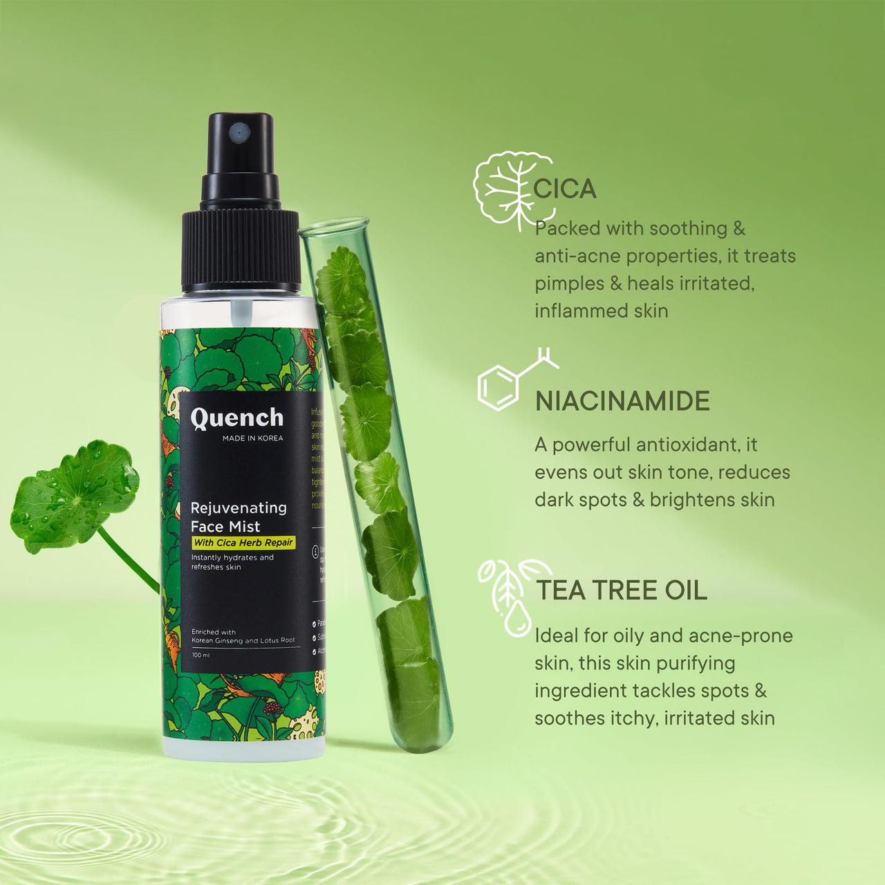 Quench Cica & 2% Niacinamide Face Mist Toner for Oil & Acne Control | Hydrates, Calms and Refreshes Skin | Gentle & Non-Irritating | Lightweight, Alcohol-Free and Non-Comedogenic | Made in Korea (100ml)