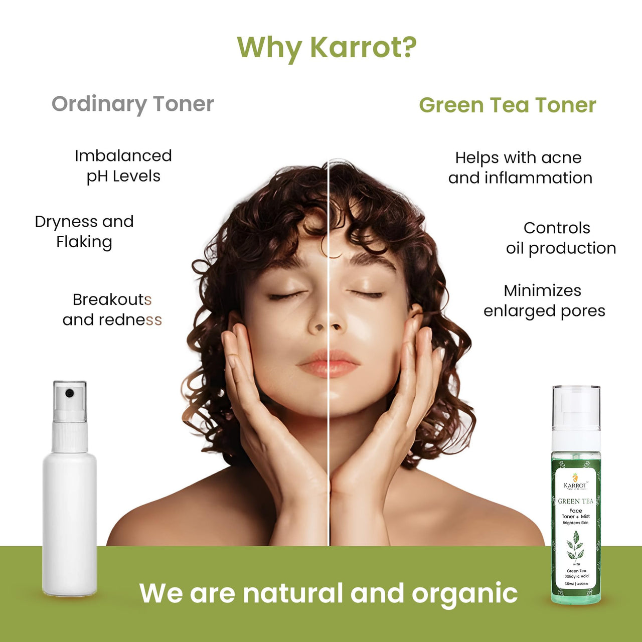 Karrot Natural Skincare Toner for Oily Skin, Green Tea Face Spray Mist for Oil Control and Acne Prevention, Infused with Salicylic Acid and Chamomile, For Women and Men, All Skin Types, 120ml