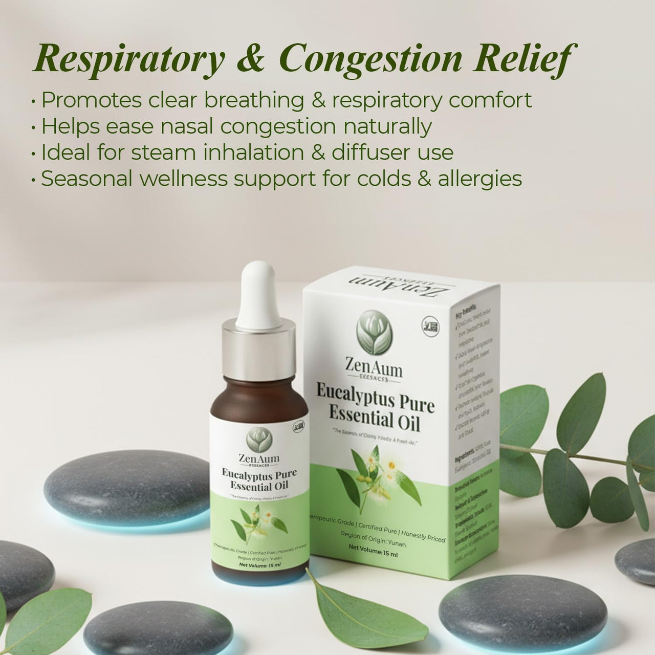 Zenaum Essences 100% Natural Eucalyptus Therapeutic Grade Essential Oil | 45ml (Pack of 3) | Respiratory Relief, Muscle Soothing & Aromatherapy | Sourced from Yunan, India | GMP, ISO & IFRA Certified