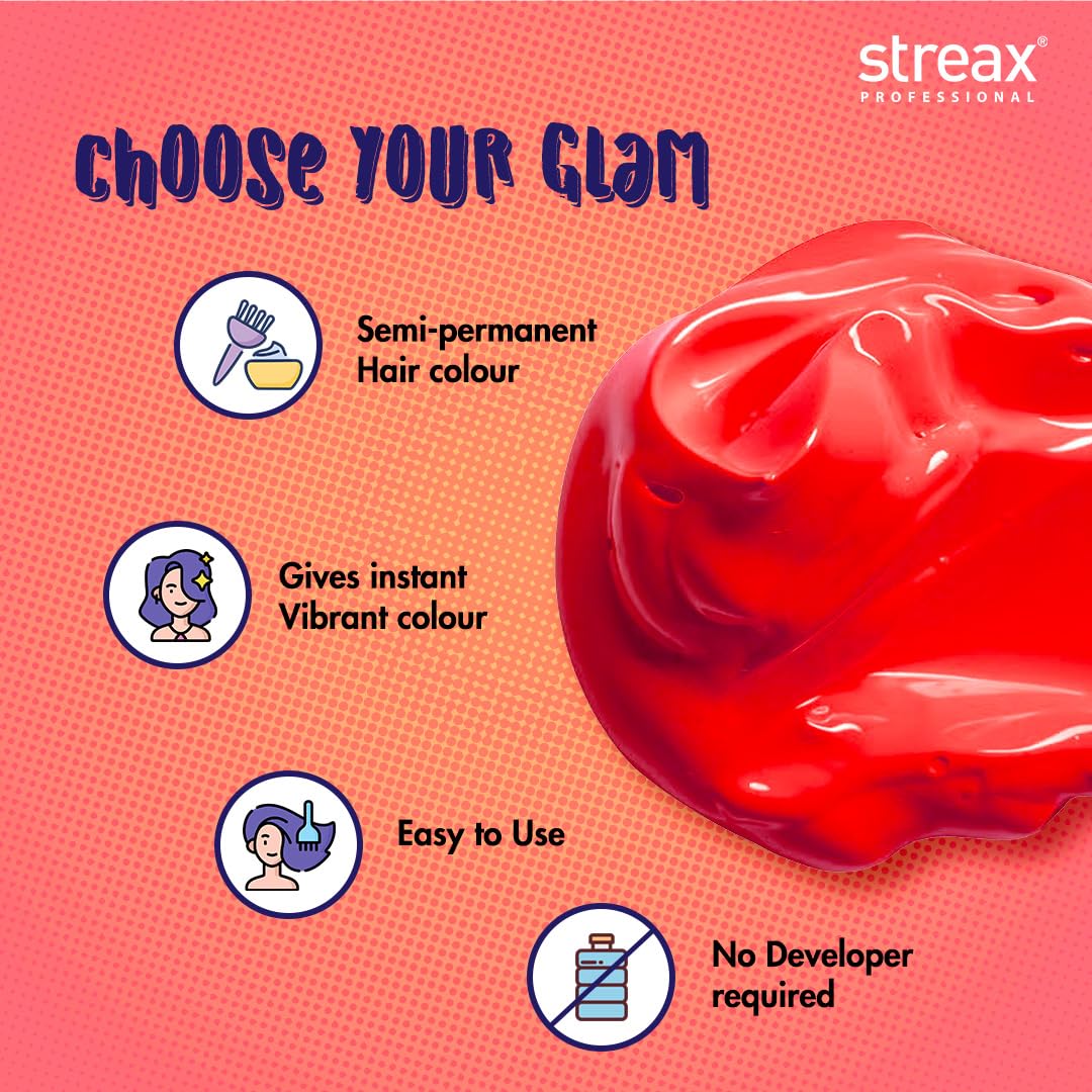 Streax Professional Hold & Play Funky Colour, Flirty Red | Vibrant Semi-Permanent Hair Colour | Ammonia Free, Peroxide Free, 100g