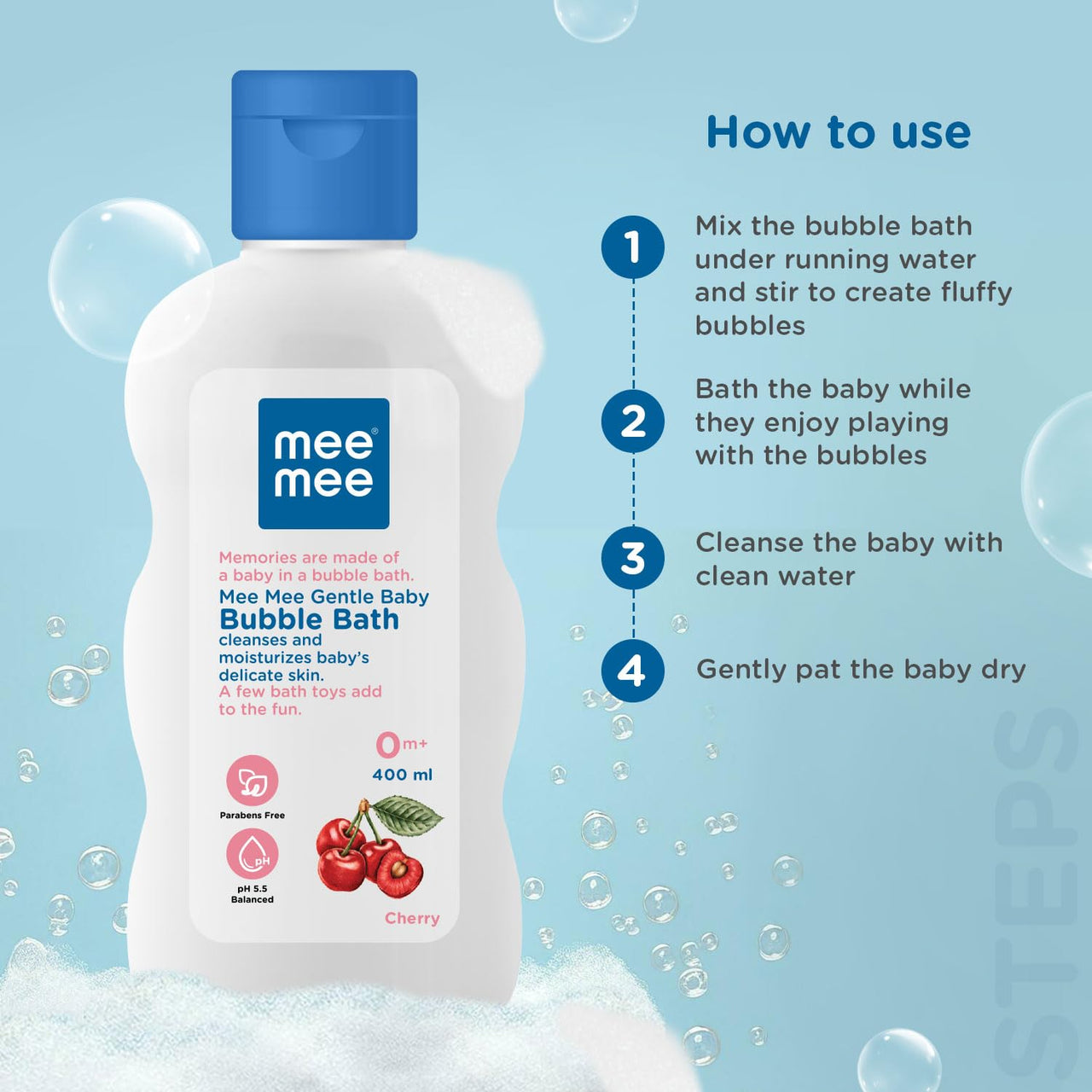 Mee Mee Baby Body Wash | Pk of 2 (400ml Each) With Cherry & Fruit Extracts | Tear-Free Formula | Moisturizes and Soothes Skin | Natural Head to Toe Baby Mild Bubble Bath Dermatologically Tested