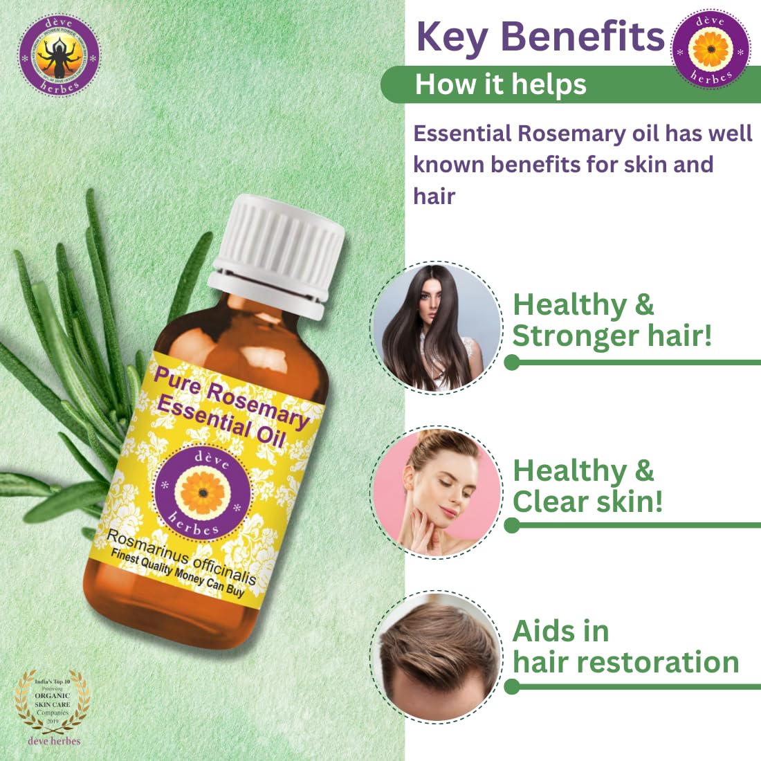 Deve Herbes Rosemary Essential Oil (Rosmarinus officinalis) for Healthy Hair Pure | Non-Sticky | Non-greasy | Lightweight | Men & Women | All Skin Types | Steam Distilled 1250ml