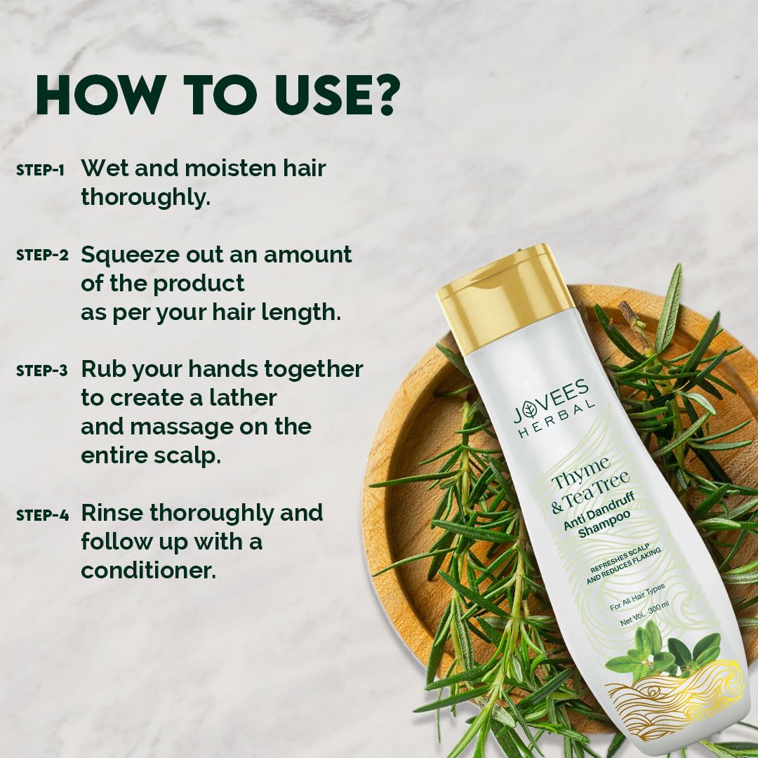 Jovees Herbal Thyme & Tea Tree Anti Dandruff Shampoo | With Tea Tree, Thyme & Lemon Extract | For All Hair Type | Prevents Dandruff & Dry Scalp- 300ml