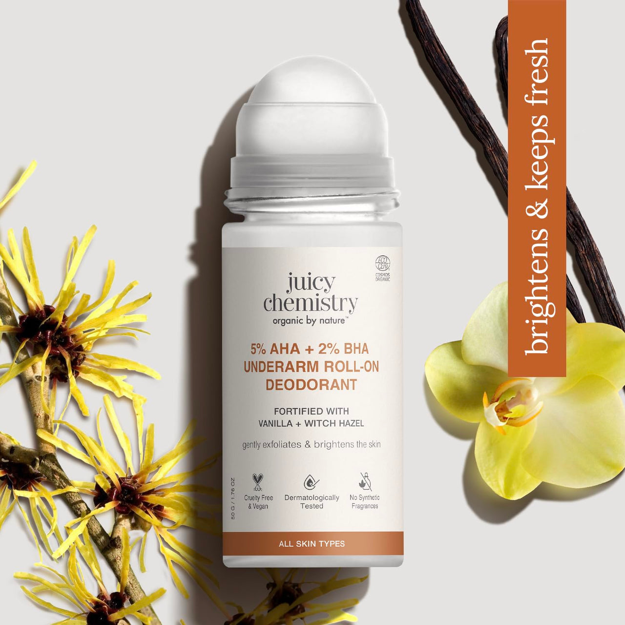 Juicy Chemistry Underarm Roll-On 5% AHA & 2% BHA, 50ml | Vanilla + Witch Hazel, Certified Organic | Controls Body Odour & Brightens Skin | Aluminum Free | For Men & Women
