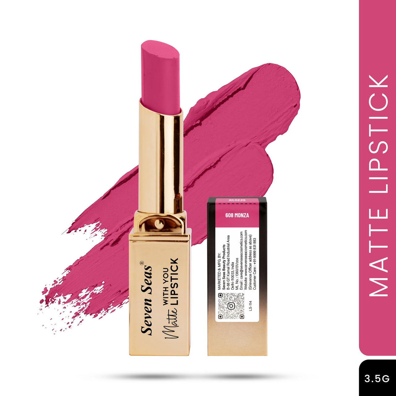 Seven Seas Matte With You Long Lasting Lipstick | Smooth Application | Transferproof & Smudge Proof | Highly Pigmented Lipstick for Women (Monza)