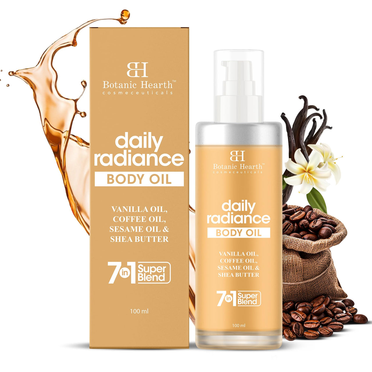 Botanic Hearth Daily Radiance Body Oil 100 ml - Lightweight Hydrating Oil with Vanilla, Coffee, Sesame Oil & Shea Butter for Glowing Skin for Men & Women - in a Premium Glass Bottle