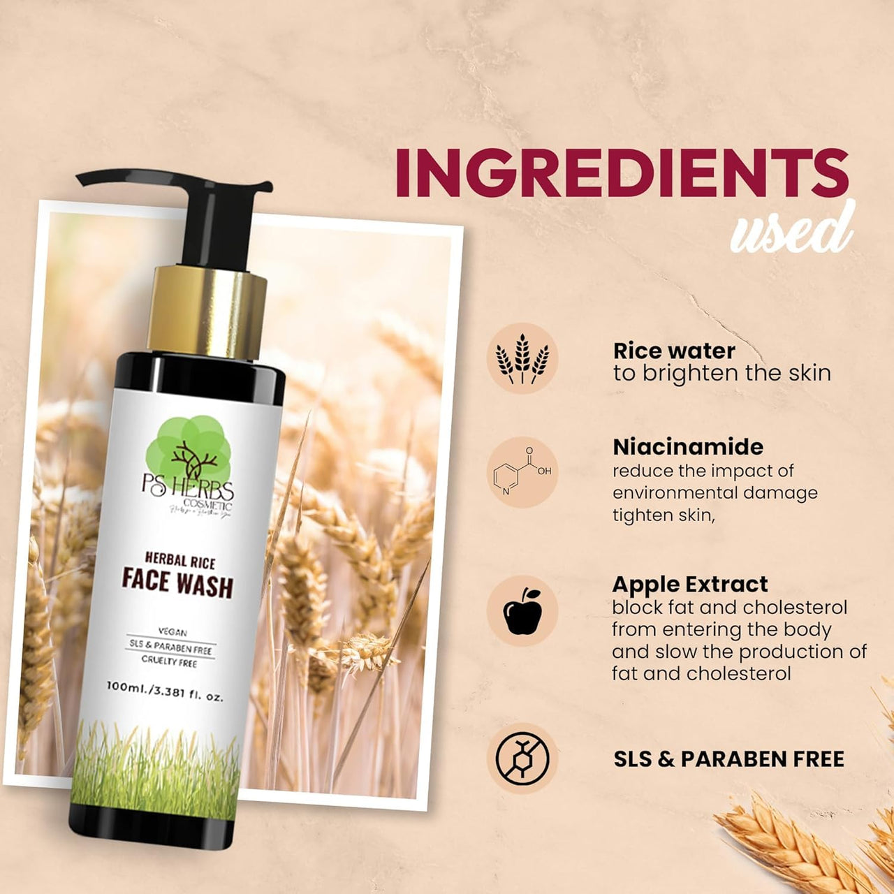 PS HERBS COSMETIC HERBS FOR A HEALTHIER YOU Herbal Rice Face Wash - Gentle Cleanser for Glowing Skin, SLS & Paraben Free, Vegan