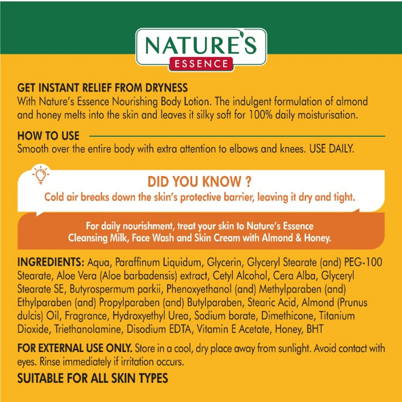 NATURE'S ESSENCE Almond & Honey Body Lotion, Smooth Skin in 5 Seconds, Nourishing & Non-Greasy for Dry to Rough Skin, Goodness of Aloe Vera & Shea Butter, White, 100 ml