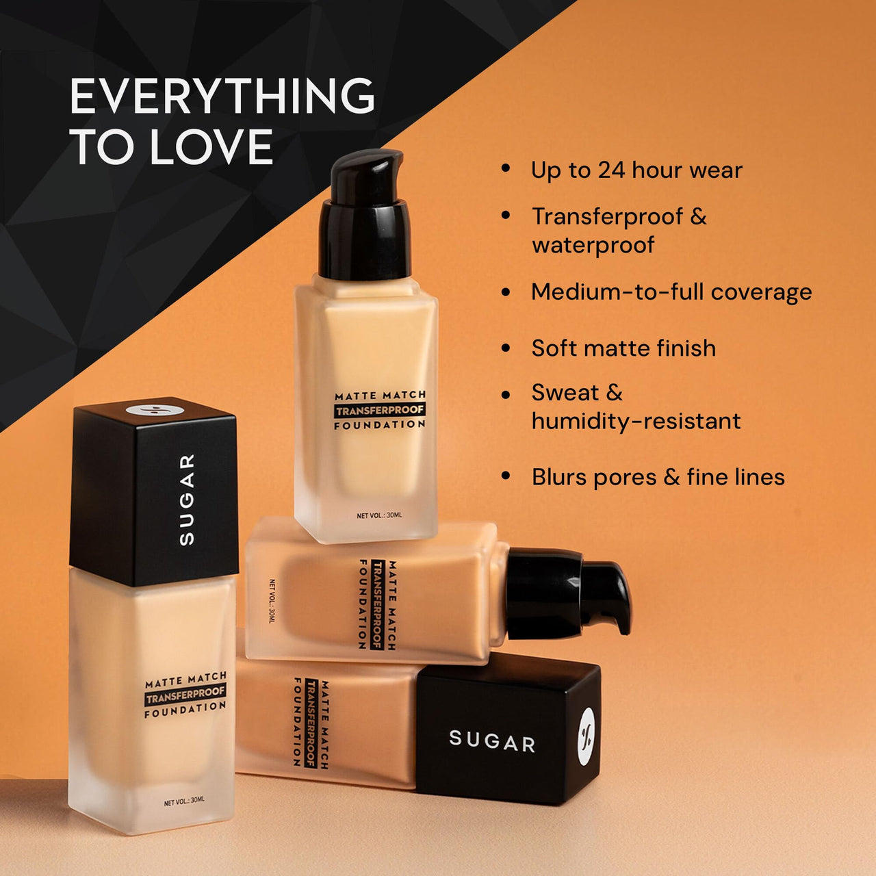 SUGAR Cosmetics Matte Match Transferproof Foundation|Upto 24 Hr Wear|Waterproof|Suits All Skin Types|30Ml (55 Americano, Full, Lotion)
