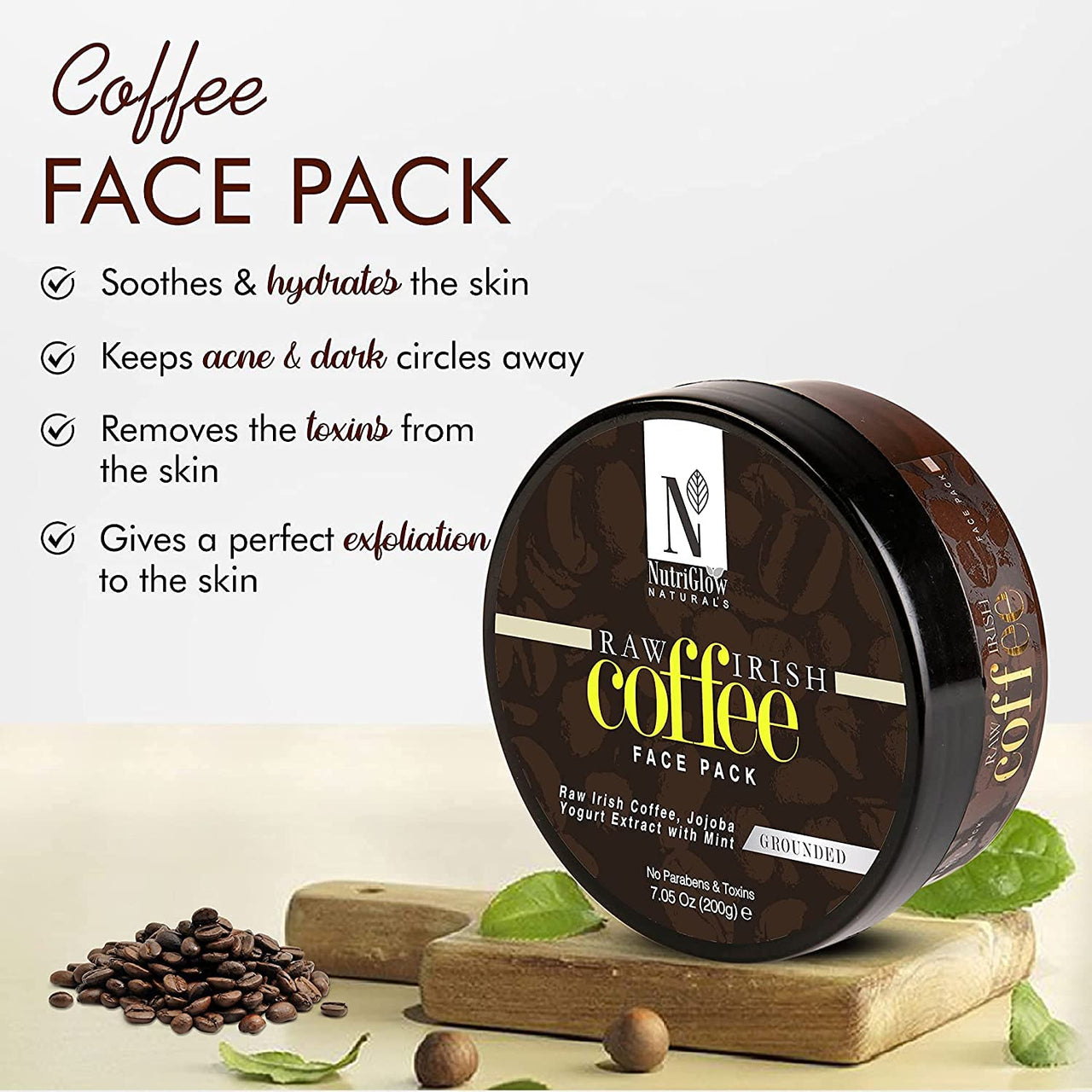 NutriGlow NATURAL'S Raw Irish Coffee Face Pack For Nourishing Deep Cleansing, Relaxing Facial Treatment, Blackhead Remover, Radiant Skin, All Skin Types, No Paraben & Sulphate, 200 gm