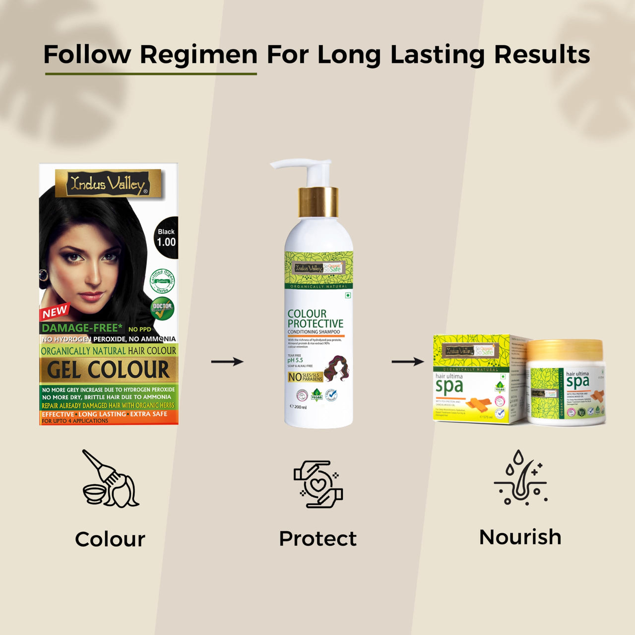 INDUS VALLEY Natural Damage Free Gel Black Colour With Colour Protection Shampoo (200 ml) + Hair Ultima Spa (175 ml)