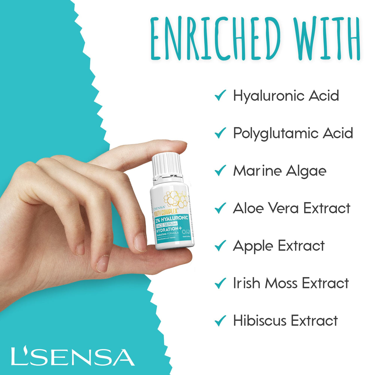 L'SENSA 2% Hyaluronic Serum | Face Serum | Visibly Plump Skin, Intense Hydration, Anti-Wrinkle, Repair skin Barrier| For All Skin Types | 10 ML.
