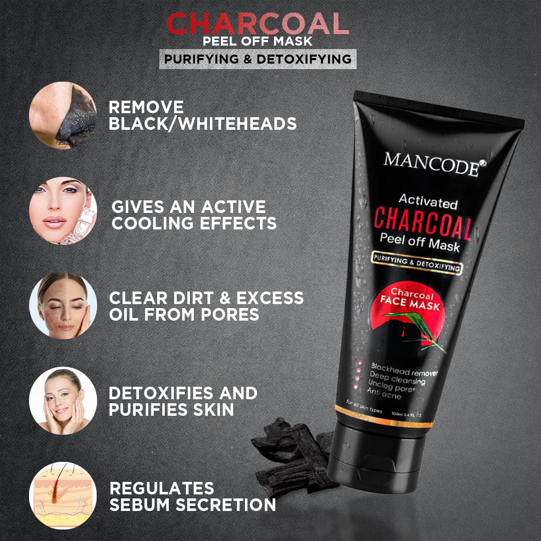 Mancode Activated Charcoal Face Wash & Charcoal Peel-Off Mask Combo for Men | Deep Cleansing, Oil Control & Detox | Minimizes Pores & Boosts Radiance | 100ml Each| Pack of 2