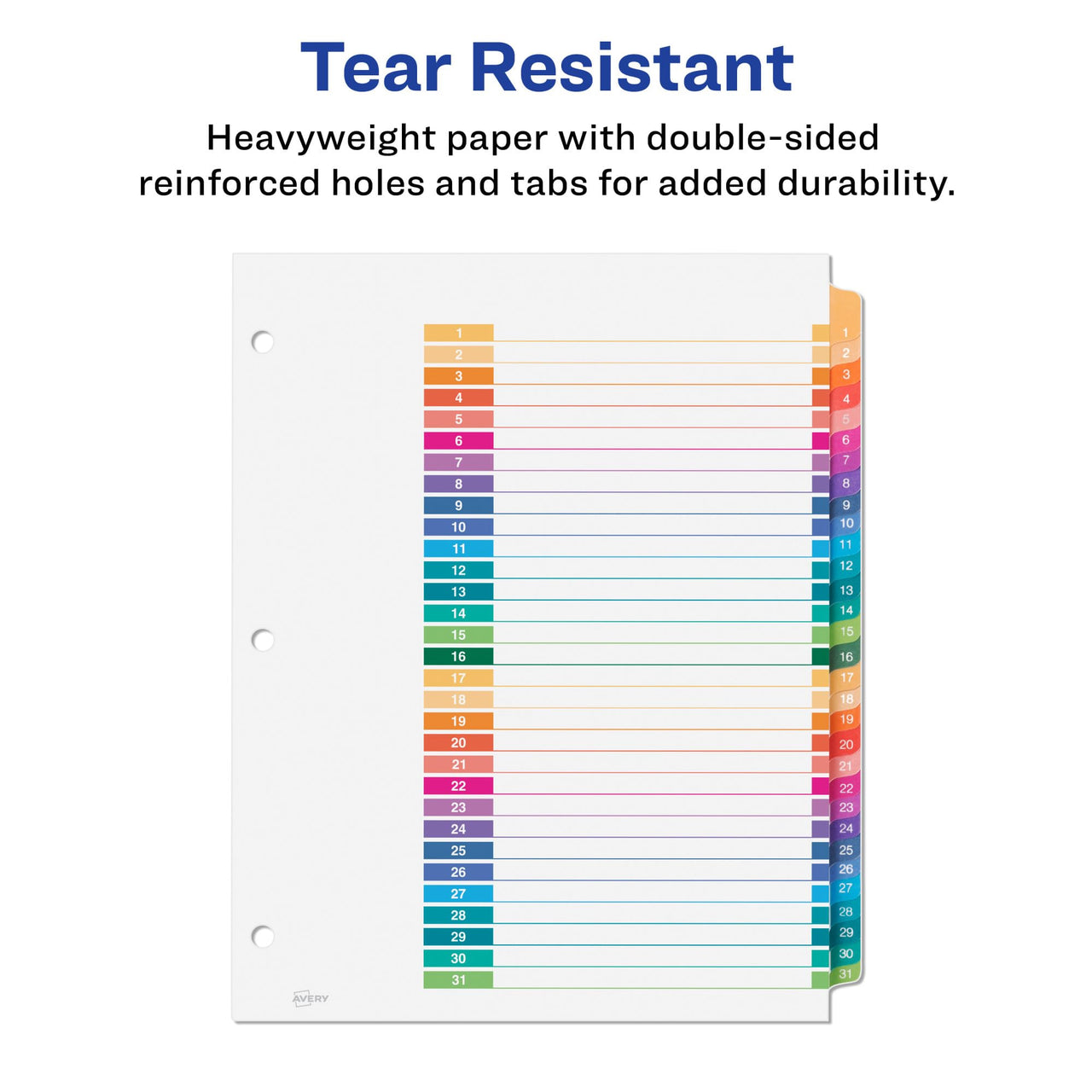 Avery 1-31 Tab Dividers for 3 Ring Binders, Customizable Table of Contents, Multicolor Tabs, 1 Set (11129) Divider