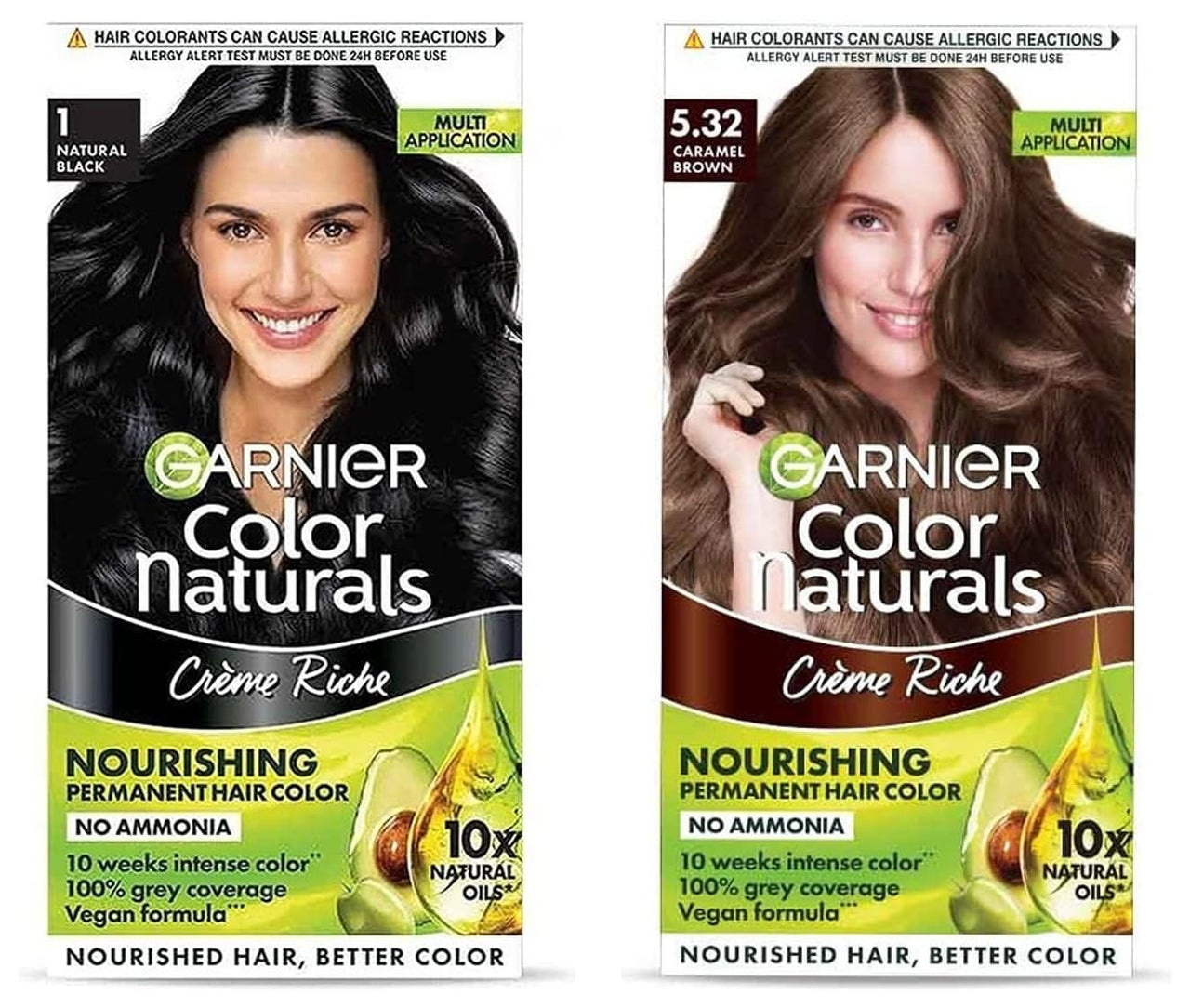 Garnier Color Naturals, Shade 5.32, Caramel Brown 70ml+60g and Garnier Color Naturals, Shade 1, Natural Black 70 ml + 60 gm
