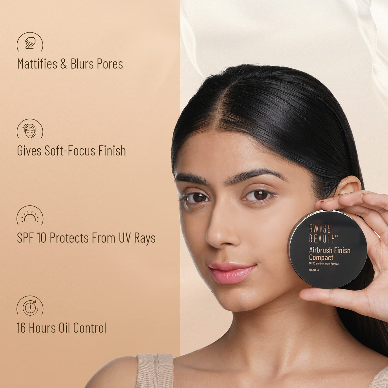 SWISS BEAUTY Airbrush Finish Compact For All Skin Types With Spf 10 | 16 Hours Of Oil-Control |Matte Finish | Shade- 06 Hazel, 9g