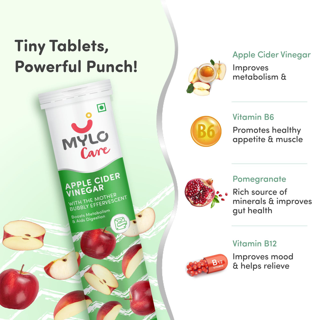 Mylo Apple Cider Vinegar Tablets for Weight Loss | Effervescent ACV Tablets | With Vitamin B6 and B12 | 100% Natural (Pack of 1)