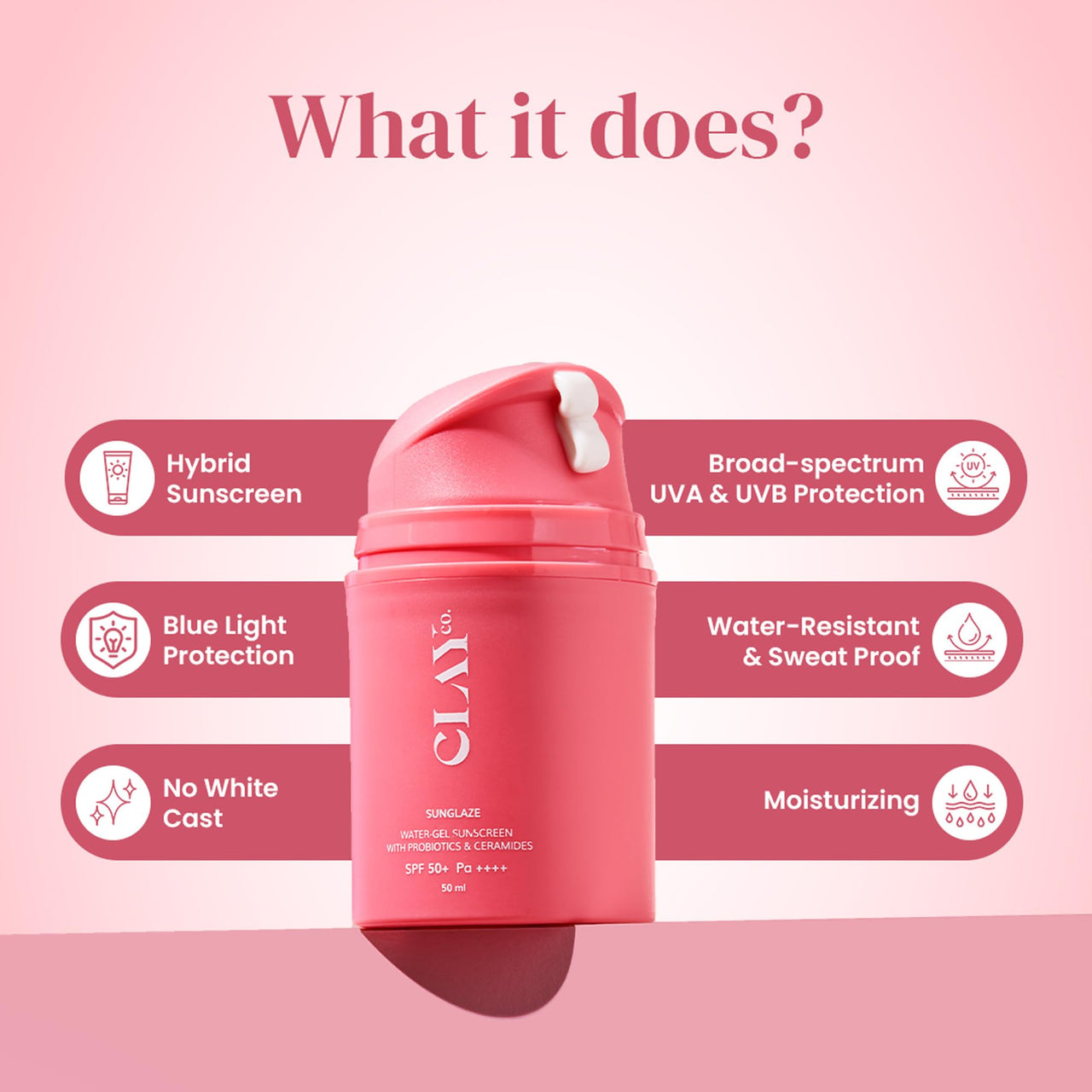Clayco Sunglaze Sunscreen SPF 50 PA++++ | Probiotic & Ceramide-Infused | Lightweight, Non-Greasy & Fast-Absorbing | Broad Spectrum UVA, UVB & Blue Light Protection | Hydrating & Brightening | For All Skin Types (50ml)