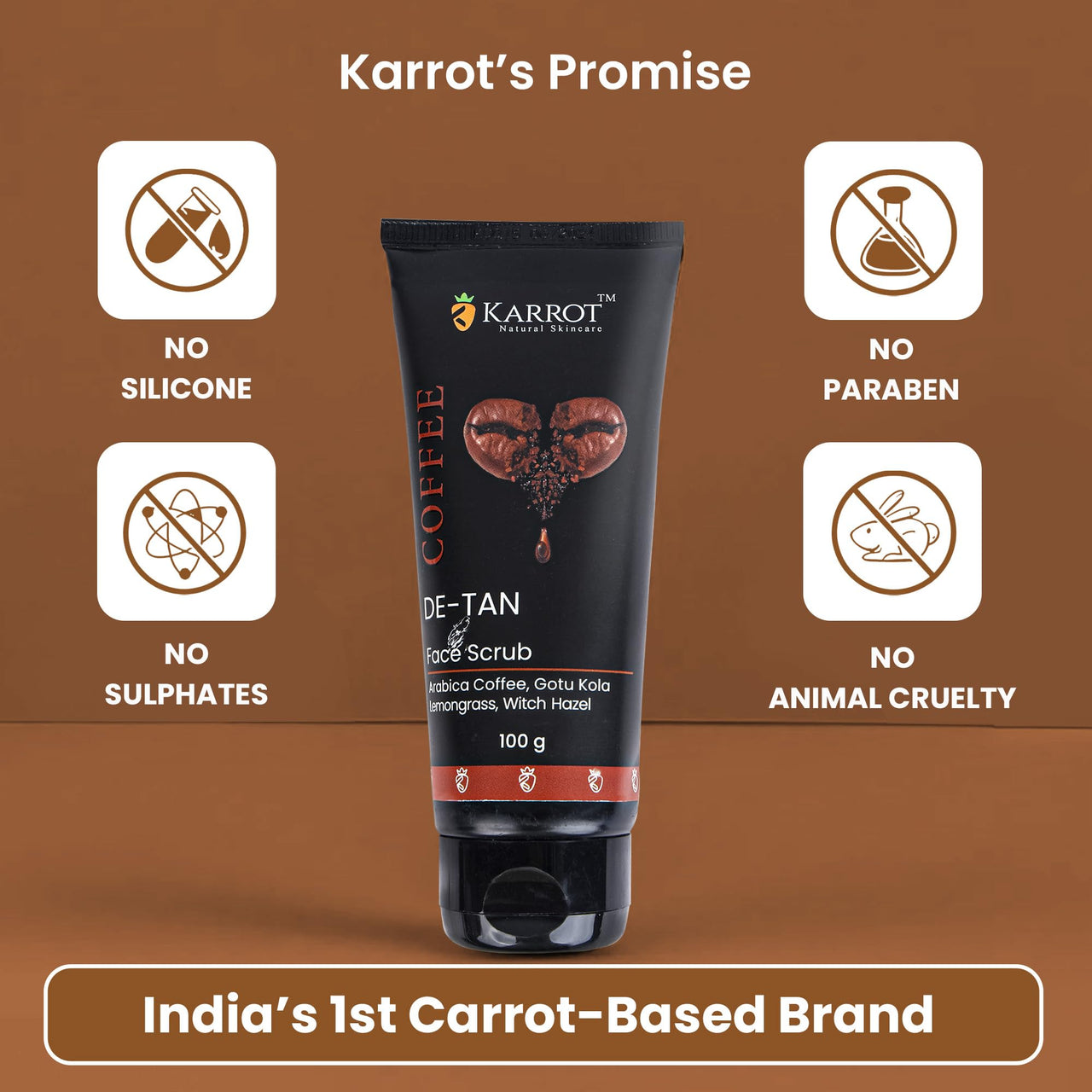 Karrot Natural Skincare Coffee Scrub, Fades Tan, Blackhead Removal Cream, Exfoliates Dead Cells, Anti Inflammatory, Made with Gotu Kola and Lemongrass, For Men and Women, All Skin Types, 100gms